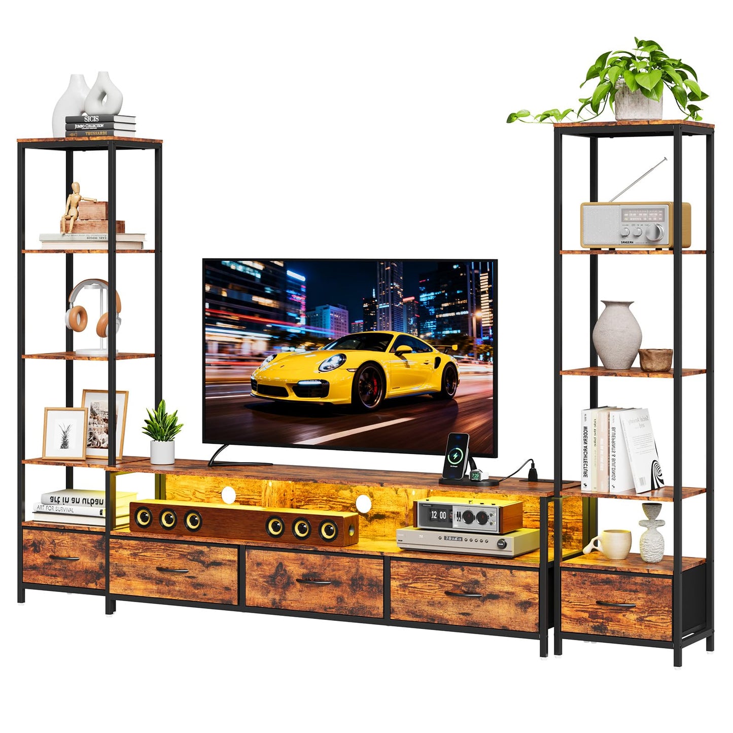 Takywep Modern TV Stand with Bookshelf, Wood and Metal Compact Entertainment Center with Fabric Drawer, LED Lights & Charging Hub for Living Room