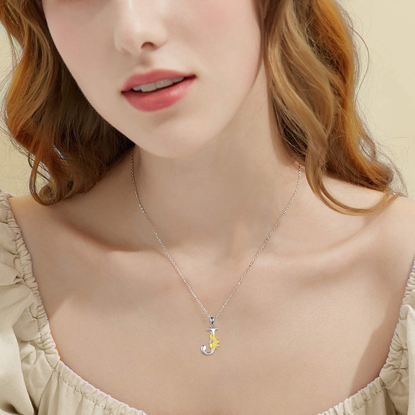 POPLYKE Sterling Silver Initial Alphabet Letter Script Name Pendant Chain Necklace for Women for (Sunflower J)