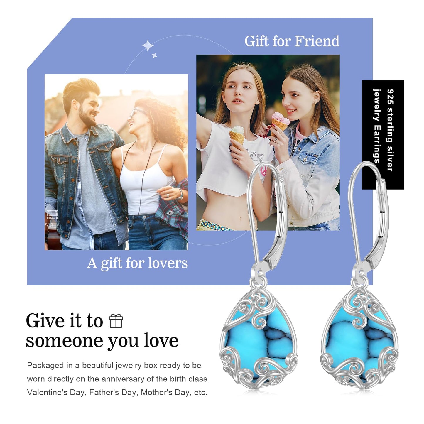 KoyeKei Turquoise Filigree Leverback Earrings for Women 925 Sterling Silver Turquoise Teardrop Dangle Drop Earrings Filigree Jewelry Anniversary Graduation Gifts for Wife Her Girlfriend