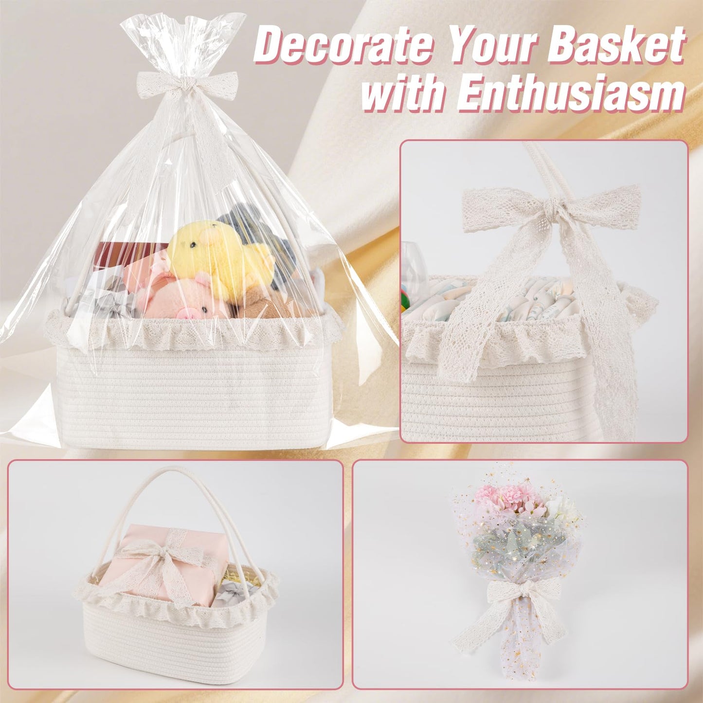 OIAHOMY Gift Basket with Long Handles, Large Woven Baskets for Gifts with Gift Bag, Ribbons and Lace, Cotton Rope Storage Basket for Birthdays, Baby Showers, Picnic, Wedding DIY Presents - White