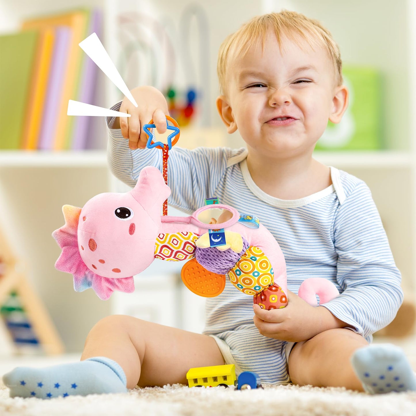 LIGHTDESIRE Baby Toys Musical Seahorse,Infant Stuffed Animal Toys with Crinkle and Rattles,Soft Sensory Toys with Textures for Tummy Time Newborn Boys Girls 0 3 6 12 Months(Pink)