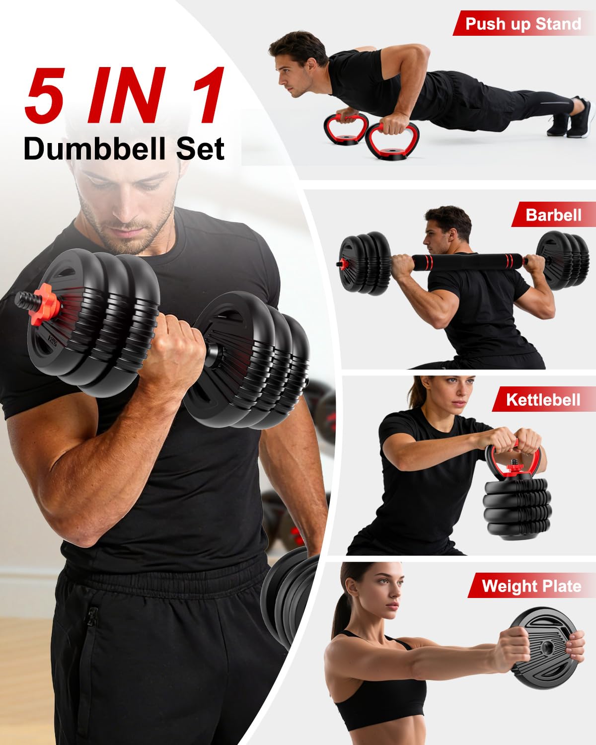 UNNMIIY Adjustable Dumbbells, 20/30/45/70/90lbs Free Weight Set with Connector, 5 in1 Dumbbells Set Used as Barbell, Kettlebells, Push up Stand, Fitness Exercises for Home Gym Suitable Men/Women