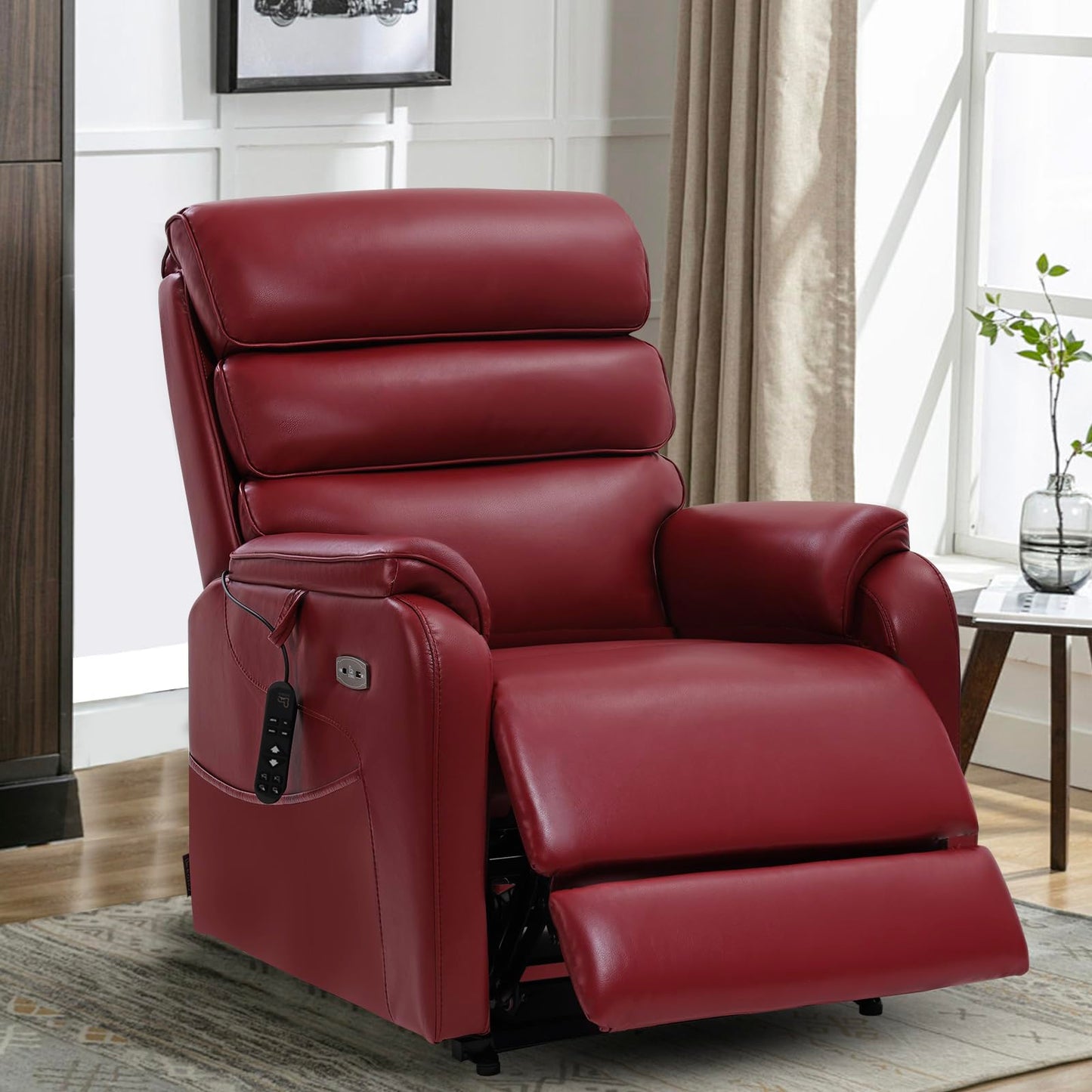 EONIX Dual Motor Lay Flat Power Lift Recliner Chair for Elderly, Breathable Faux Leather Electric Lift Chairs for Adults, 400lbs Heavy Duty Power Recliner with Heat and Massage, SLRY003061, Burgundy