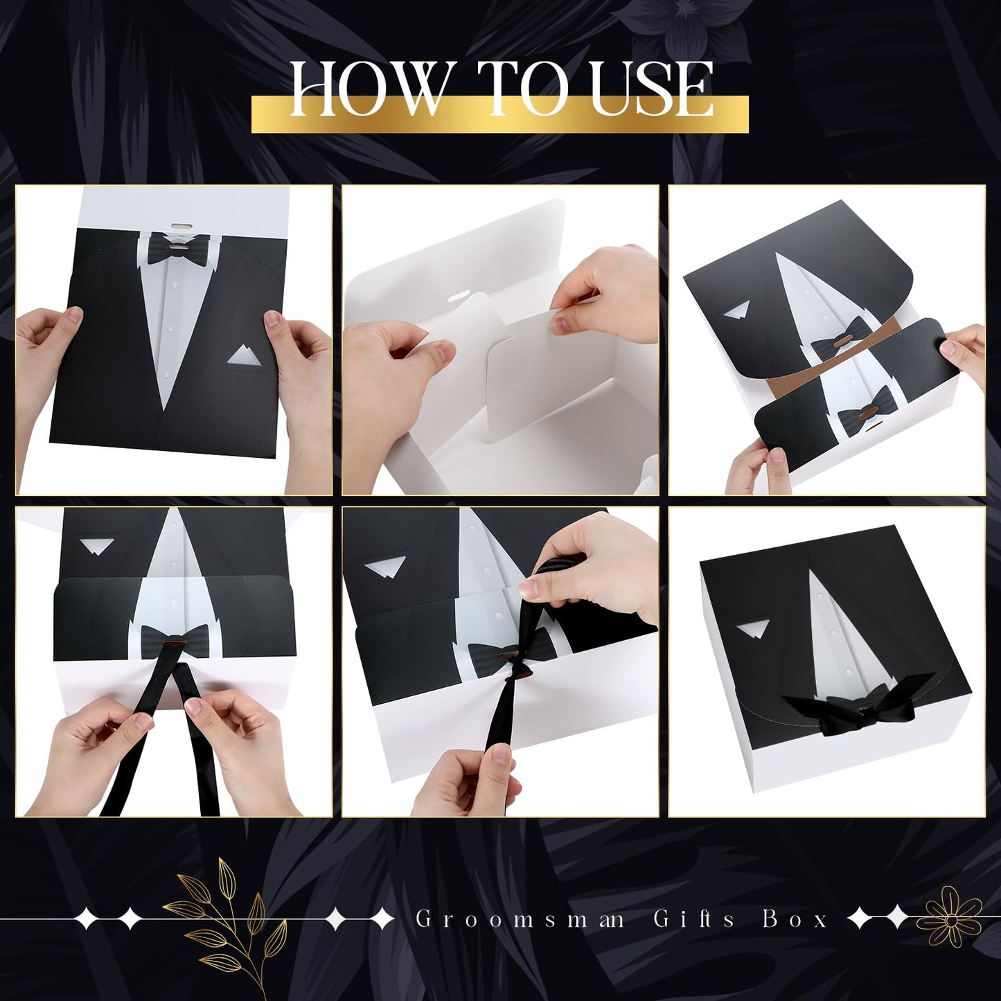 Motipuns Set of 6 Groomsmen Box with Ribbon Groomsman Proposal Gift for Men Paper Gift Boxes for Wedding Birthday Graduation Father's Day, 7.87 x 7.87 x 3.94''(Black)