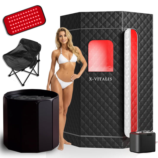 Upgraded Steam Sauna Portable with Red Light Therapy with Ice Bath Tub for Home Personal Home Spa Contrast Therapy (Black)