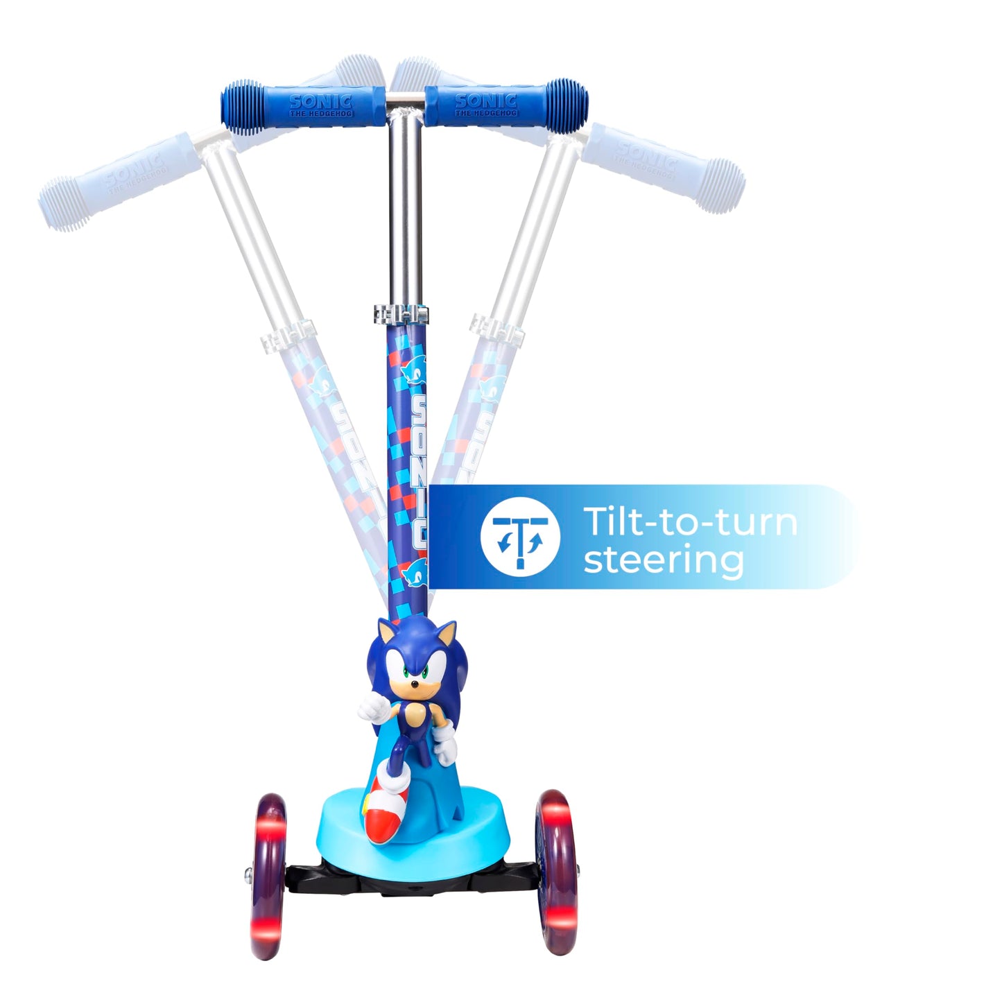 Sonic The Hedgehog 3D Kick Scooter for Kids, Self-Balancing 3 Wheeled Light Up Scooter with Extra Wide Anti-Slip Deck, Rear Brake, Lean to Steer, Lightweight Design, for Kids 3 and up, 75 LB Limit