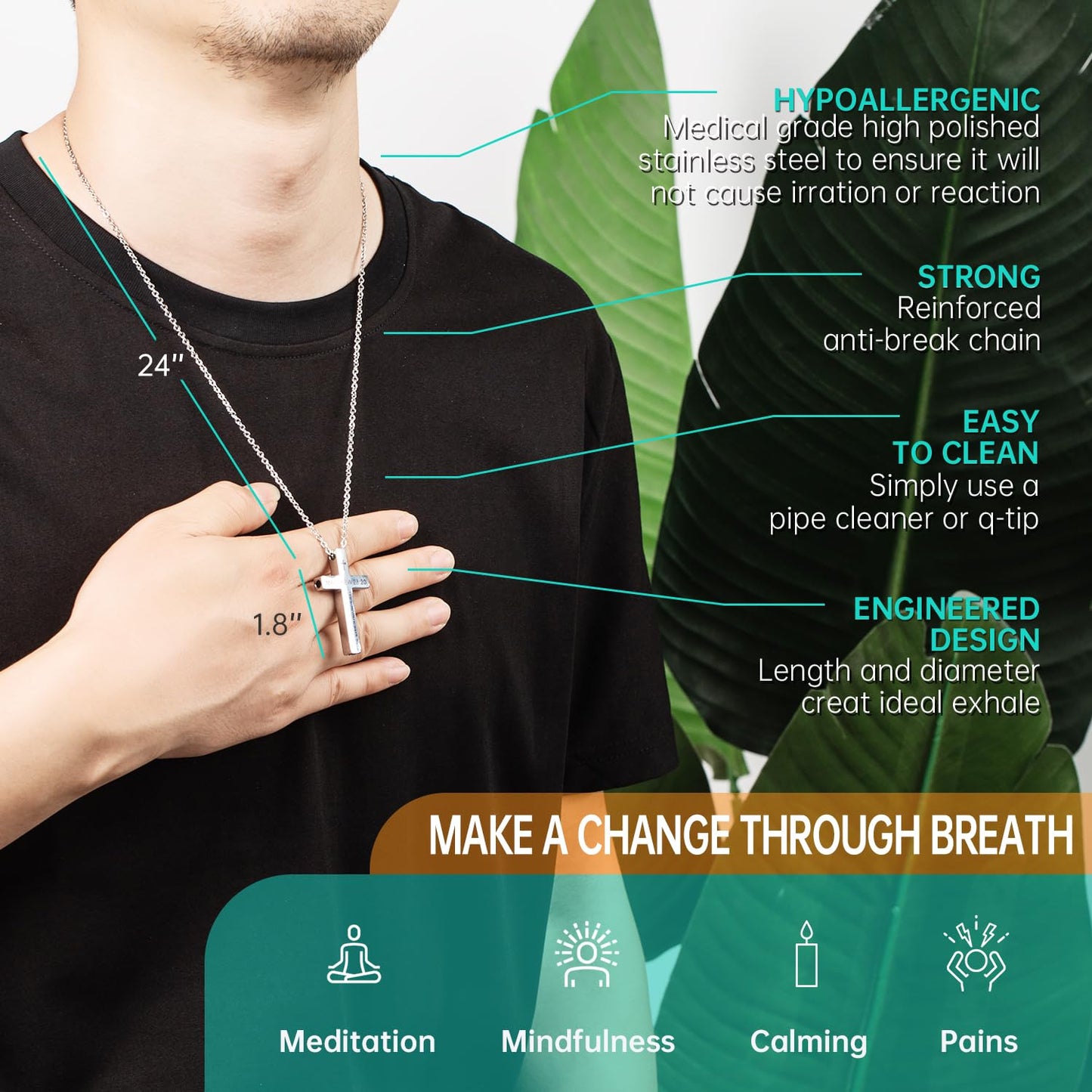 FUNPAR Cross Breathing Necklace for Anxiety, Inspirational Bible Verse Mindfulness Pendant Necklace, Stainless Steel Meditation Breathwork Tool, Anxiety Relief Items for Teens Gift(Silver 1: 9)