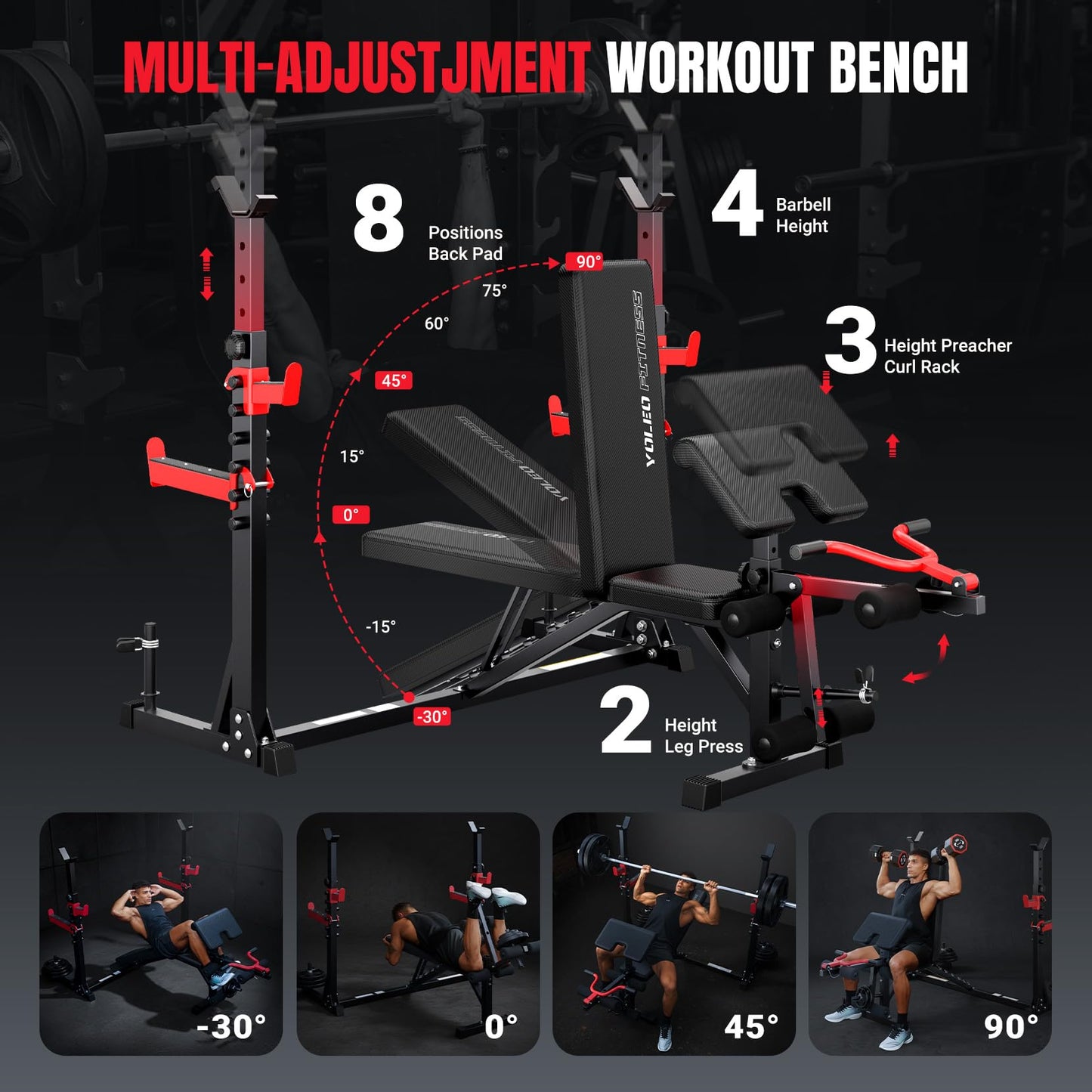 Yoleo 1980LBS Weight Bench with Rack - Bench Press Set, Leg Extension, Preacher Curl & Flat/Incline/Decline Full Body Workout Bench, Adjustable Olympic Weight Benches for Home Gym(47.44IN WIDE GRIP)