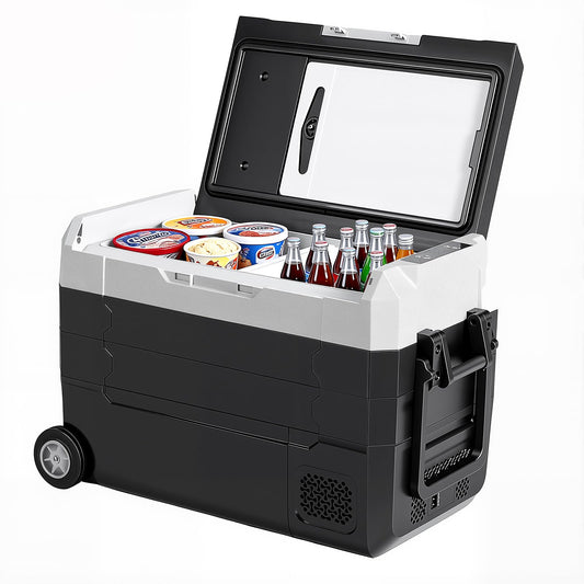 OLIXIS Portable Car Refrigerator, 42QT Dual-Zone Electric Cooler for Vehicles with Wheels & Cutting Board, -4℉-68℉ Freezer Smart Control via Bluetooth, Battery Protection, 12/24V DC & 100-240V AC