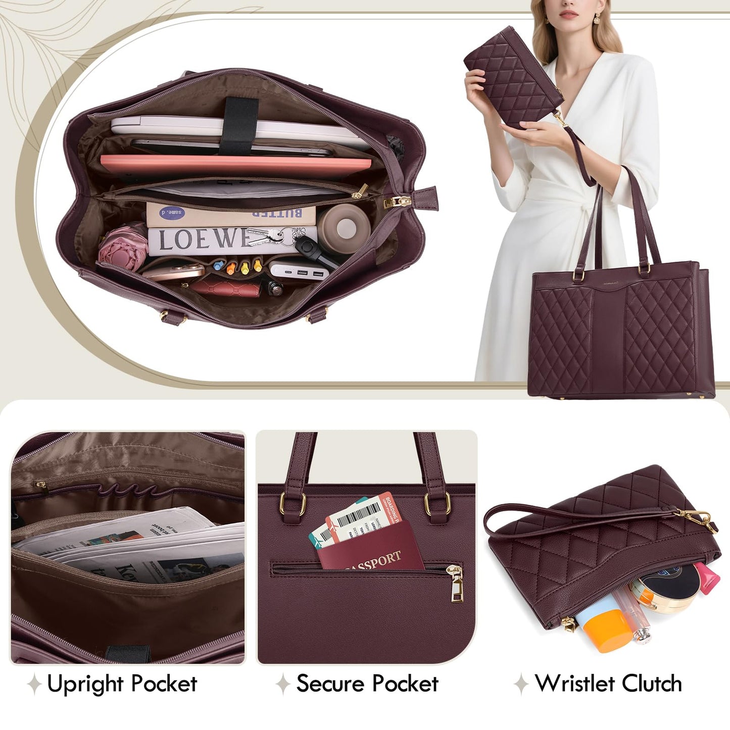 RAINSMORE Laptop Bag for Women 15.6 Inch Work Tote Bags Leather Laptop Tote Professional Laptop Purse Computer Handbag Womens Briefcase Tote with Clutch for Teacher Office Travel, Dark Purple