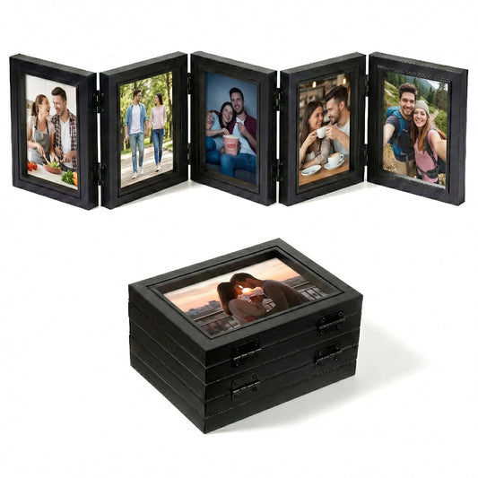5 Folding Hinged Picture Frame 3.5 x 5 Inches High Definition Natural Wood Collage Mounts Rustic Wood Desk Family Photo Collage Stand Vertical on Tabletop Foldable Photo Frame for Family Birthday