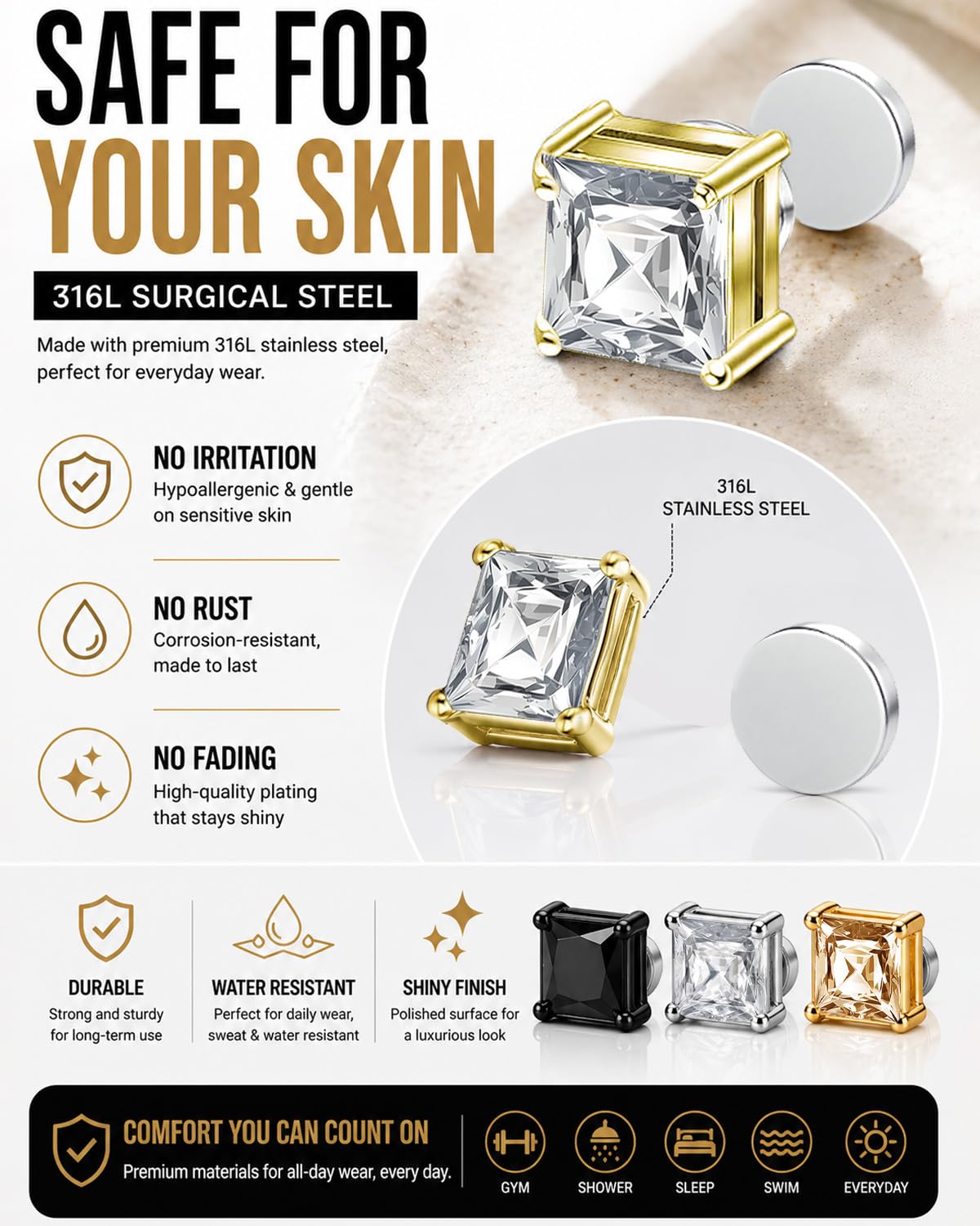 BEFOSHINN Magnetic Stud Earrings for Men and Women, No Piercing Needed, 5 Pairs 316L Stainless Steel CZ Clip On Ear Studs, 8mm Fake Earrings for Non Pierced Ears, Silver Black Gold Rose Gold (5PCS-8MM)