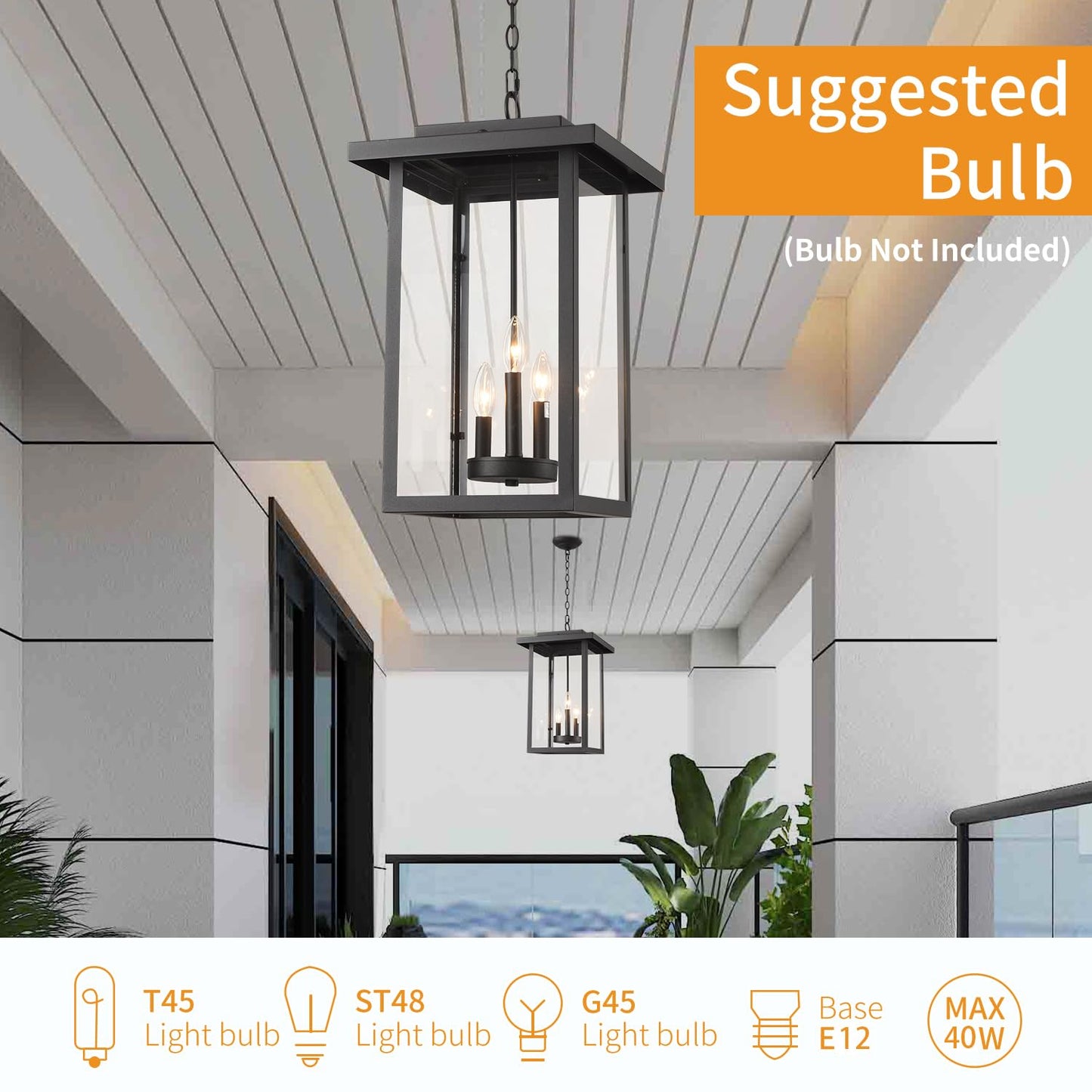 Smeike Outdoor Pendant Light Exterior Hanging Lantern, Large Outdoor Hanging Porch Light, Matte Black Finish with Clear Glass, 3 Light Outdoor Chandelier