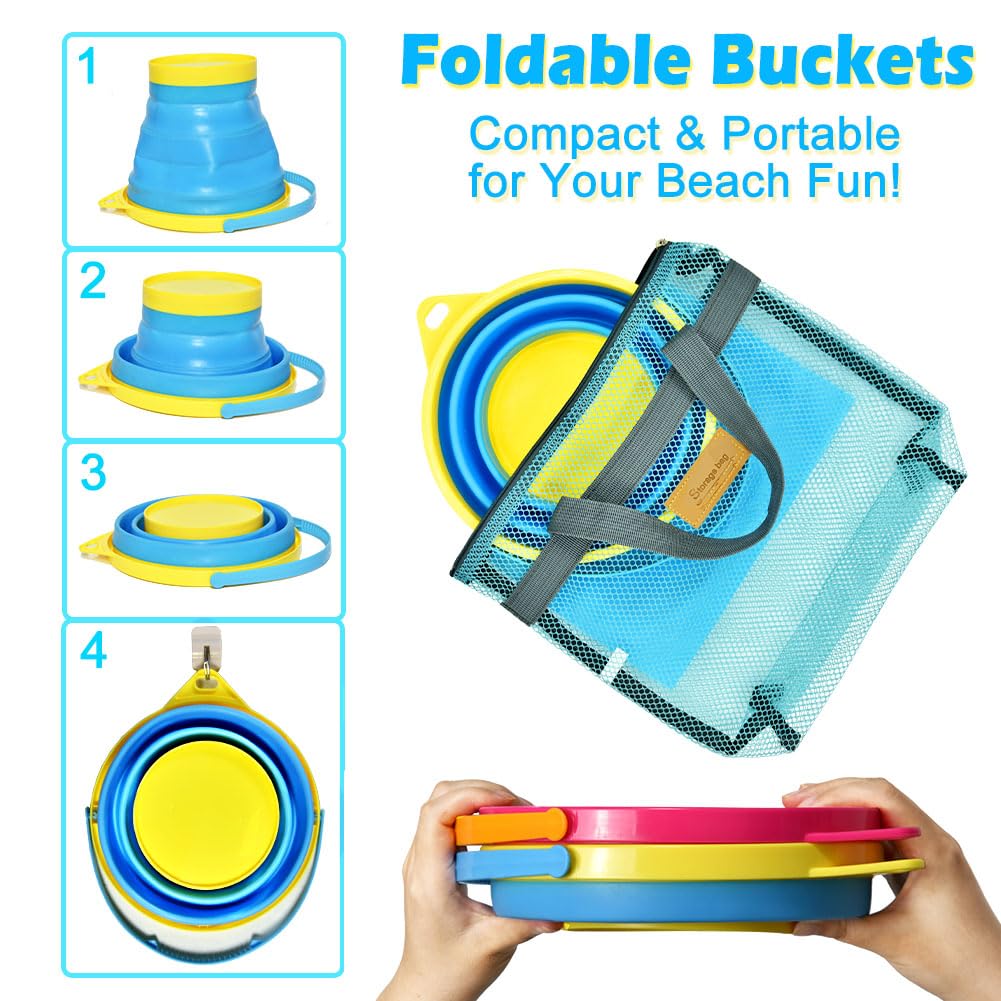 Aclarastra Collapsible Beach Toys for Kids Toddlers, Collapsible Sand Buckets Shovels Set with Mesh Bags and Sand Molds, Foldable Travel Sand Toys for Beach Sandbox Toys for Kids