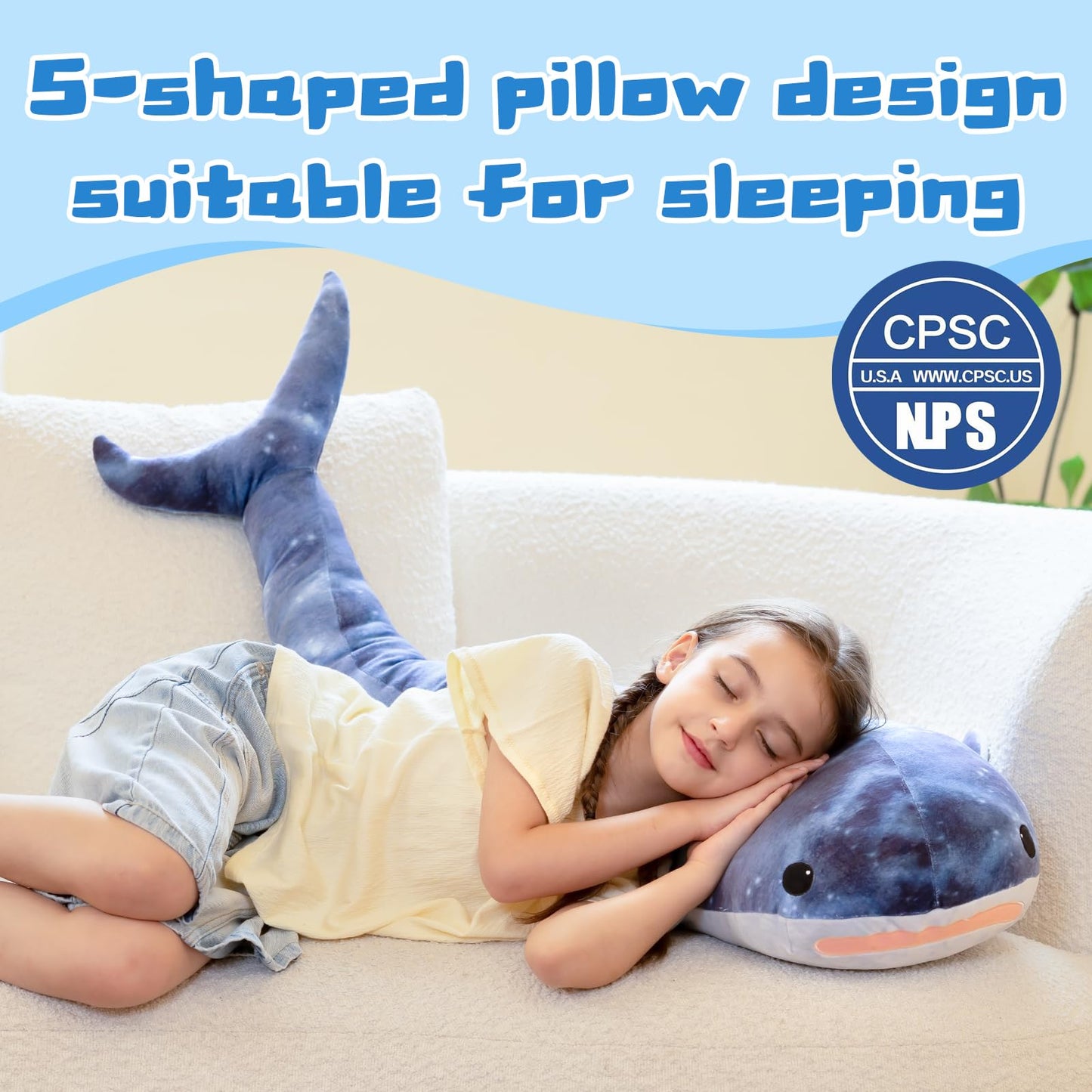 Tezituor 4ft Giant Whale Shark Stuffed Animal, S-Shape Stuffed Shark Plush Toy for Boys Girls, Hugging 47inches Soft Long Ocean Whale Shark Plush Body Pillow for Sleeping