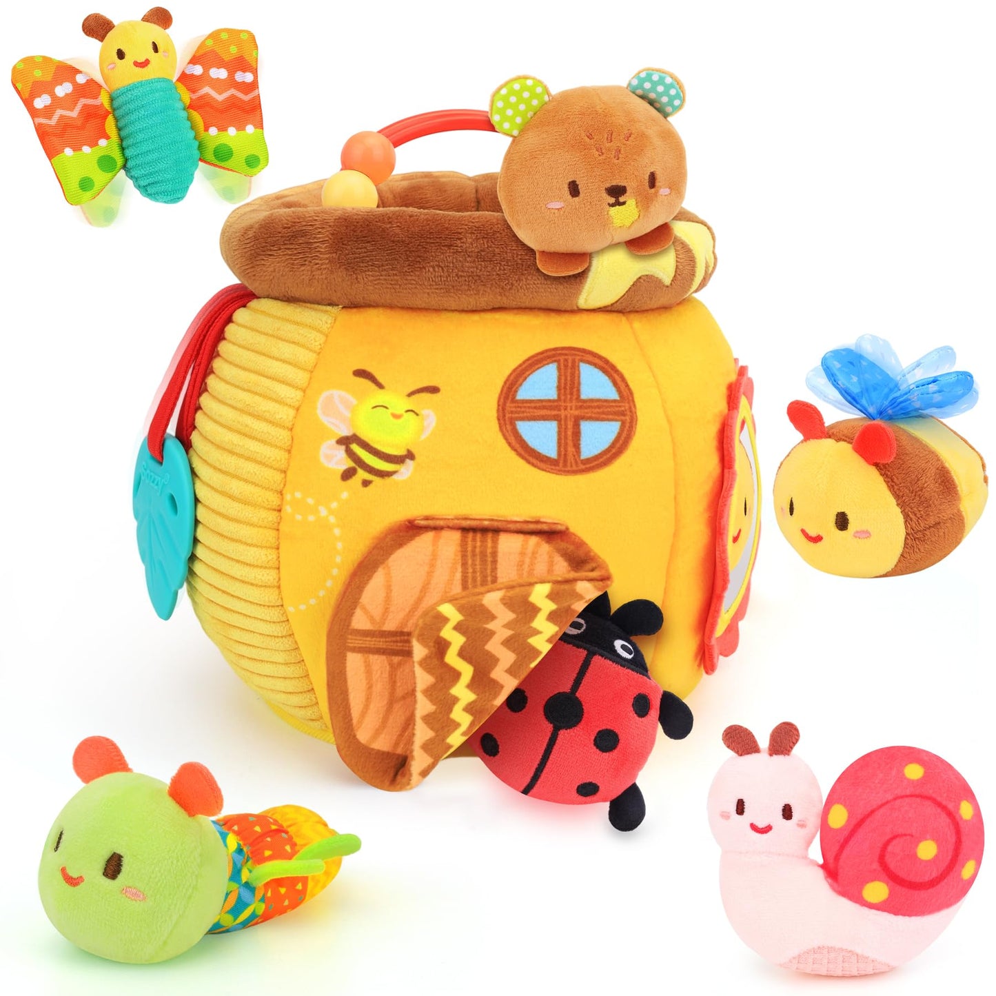 Zendstanding Baby Toys 6-12 Months - Soft Honey Jar with 6 Sensory Insect Stuffed Animals Montessori Plush Toys W/Rattle, Crinkle Paper, Mirror for Toddlers 1 2 3 Year Motor Skills Developmental