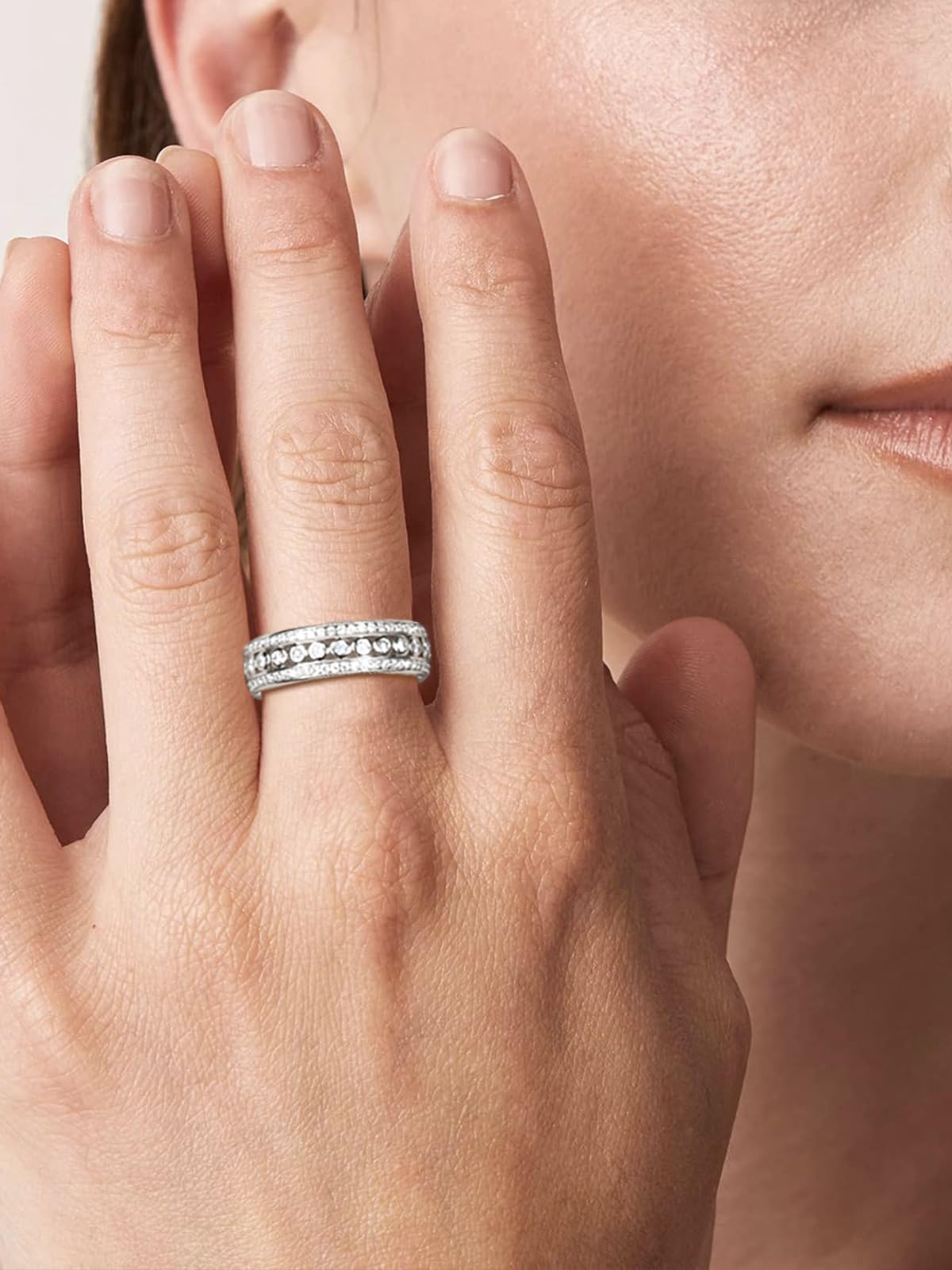 Frbod Moissanite Chunky Ring for Women 3 Row Pave Band Sparkly 925 Sterling Silver Rings Diamond Promise Band Size 4