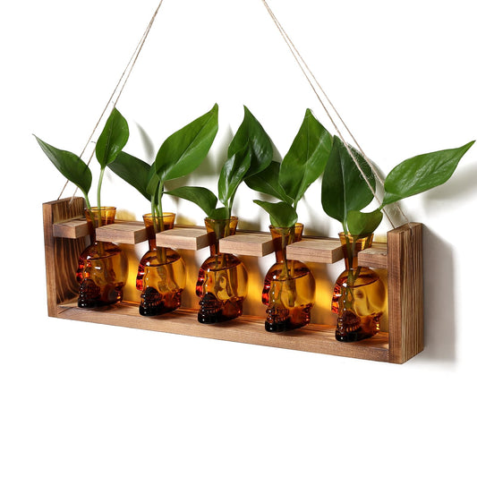 Plant Terrarium Propagation Stations Halloween Skull Planter Vase Skulls Decor with Wooden Stand Gife for Father - 5 Vases
