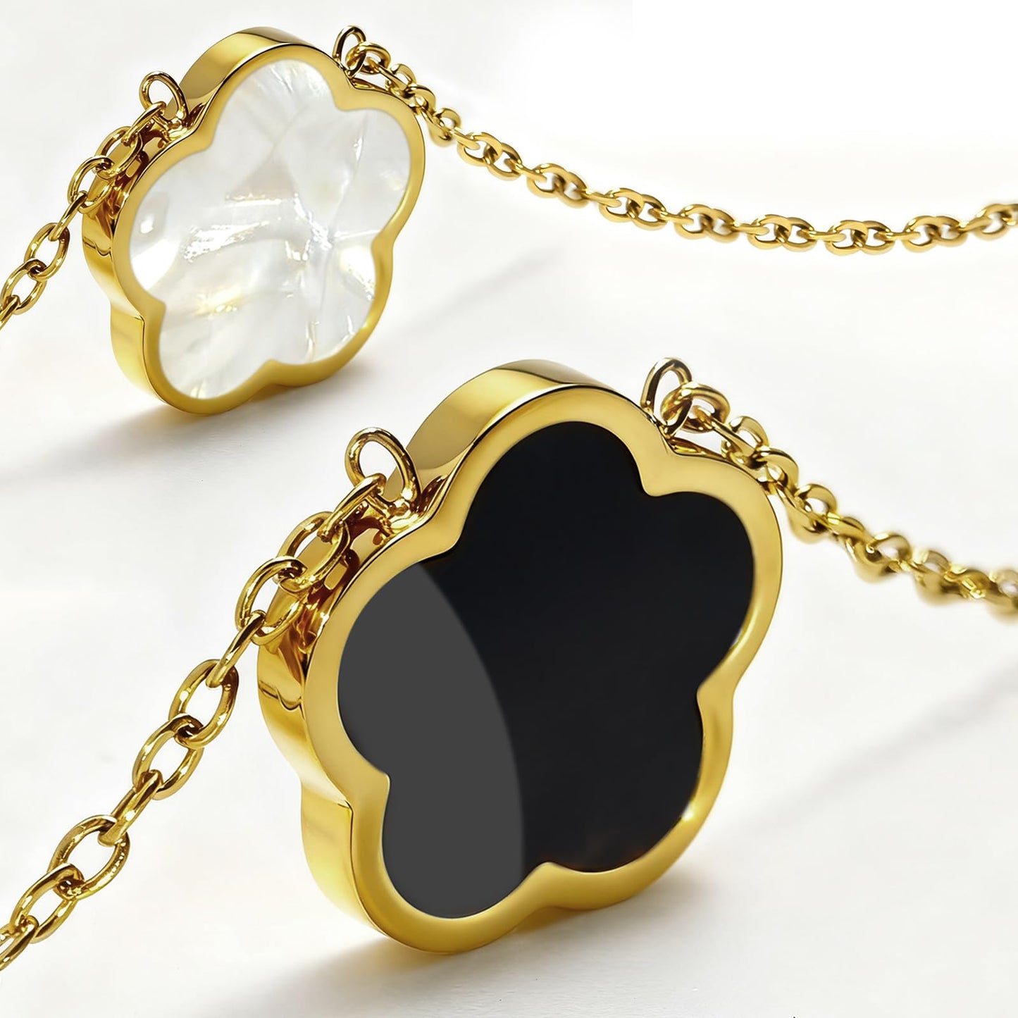Aimétte Monette 18K Gold Plated Necklaces for Women Dainty Lucky Four Leaf Clover Gold Necklace Set, Charm Necklace for Mothers Day Gift Birthday Valentine's Day Black and White
