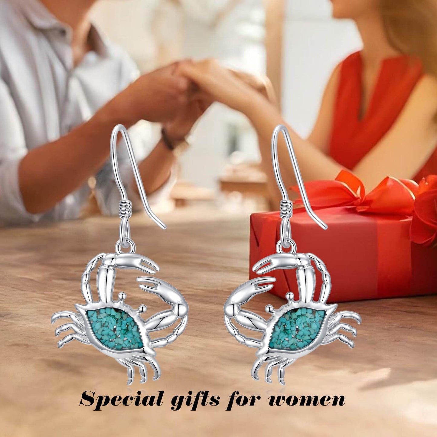 HPQQ Crab Earrings 925 Sterling Silver Turquoise Crab Dangle Earrings Ocean Beach Themed Jewelry Mother's Day Jewelry Gifts for Women