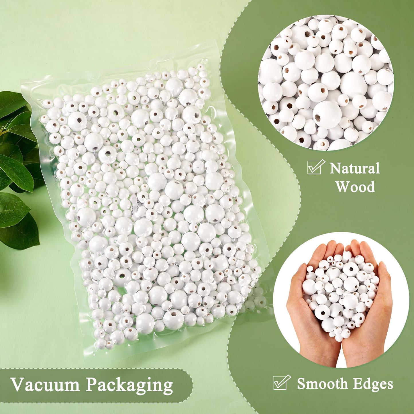 Pandahall 555 Pcs White Wooden Beads - 5 Sizes, Natural Wood Round Bead, Painted Wood, Large Hole, Wooden Spacer, Smooth for Farmhouse Garland, Craft Decor, Jewelry Making