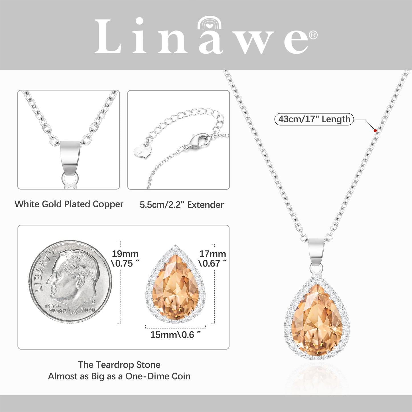 Linawe Silver Color Fake Diamond Pendant Necklace for Women Trendy, Champagne Rhinestone Cubic Zirconia Crystal Moissanite Gemstone Teardrop Necklaces, Dainty Costume Simple Drop Necklace