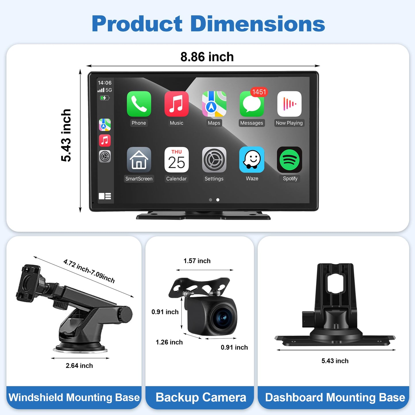 Stihoze 9'' Wireless CarPlay Screen for Car, Apple Car Play & Android Auto Car Stereo HD Touchscreen with 4K Dash Cam & 1080P Backup Camera, GPS Navigation & Mirror Link, for Most Vehicles