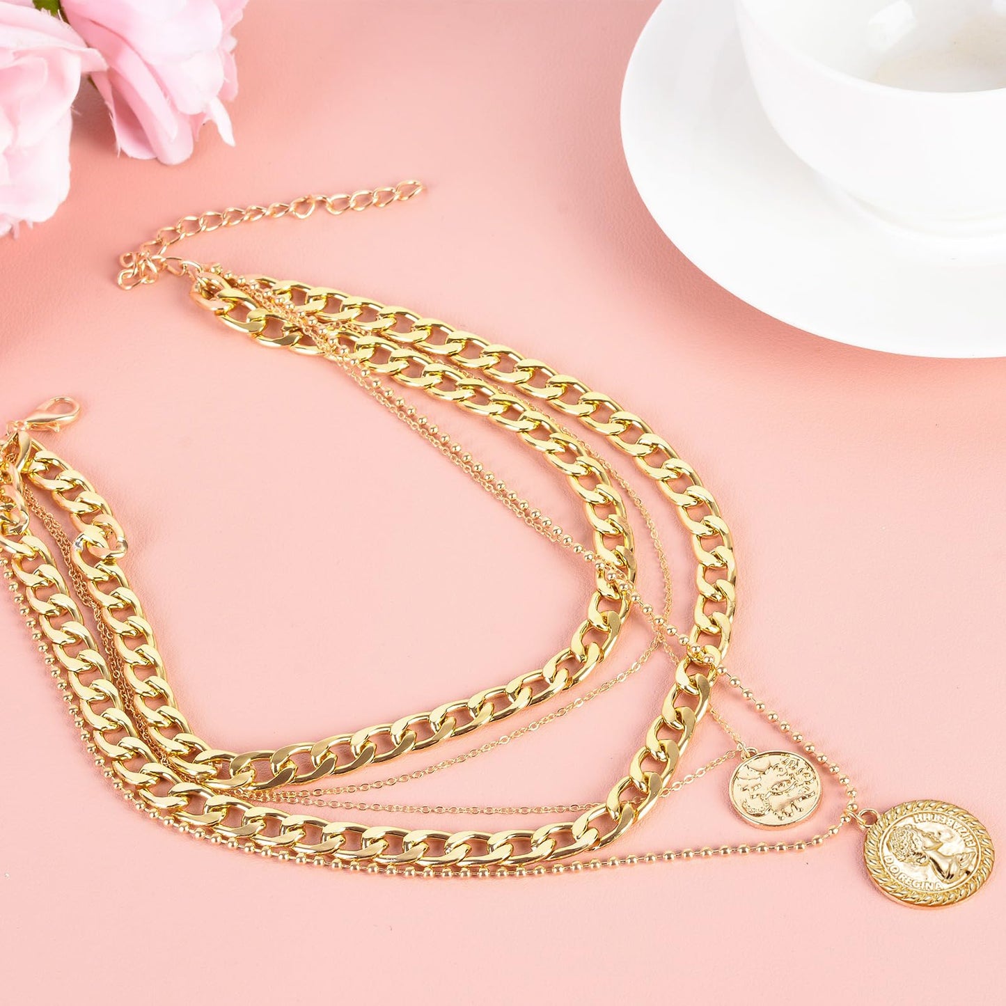 MJartoria Layered Necklaces for Women Trendy Retro Coin Pendant Necklace Dainty Chunky Chain Choker Necklaces for Jewelry Birthday Gifts (B-Retro Coin-One Clasp)