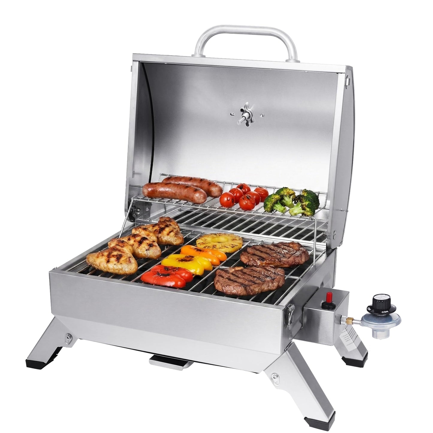Royal Gourmet GT1001 Stainless Steel Portable Grill, 10000 BTU BBQ Tabletop Gas Grill with Folding Legs and Lockable Lid, Outdoor Camping, Deck and Tailgating, Silver