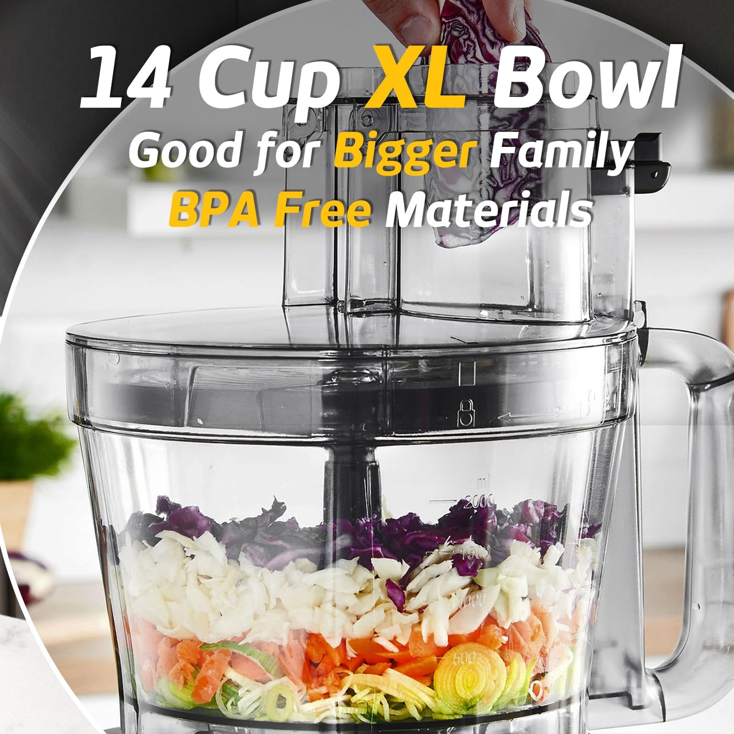 Magiccos 14-Cup French-Fry-Cutter Large Food-Processor - Large Feed Chute, Grey Color, Cheese Shredding, Meat Chopping, Shredding and Slicing, Mixing and Doughing, for Home Use