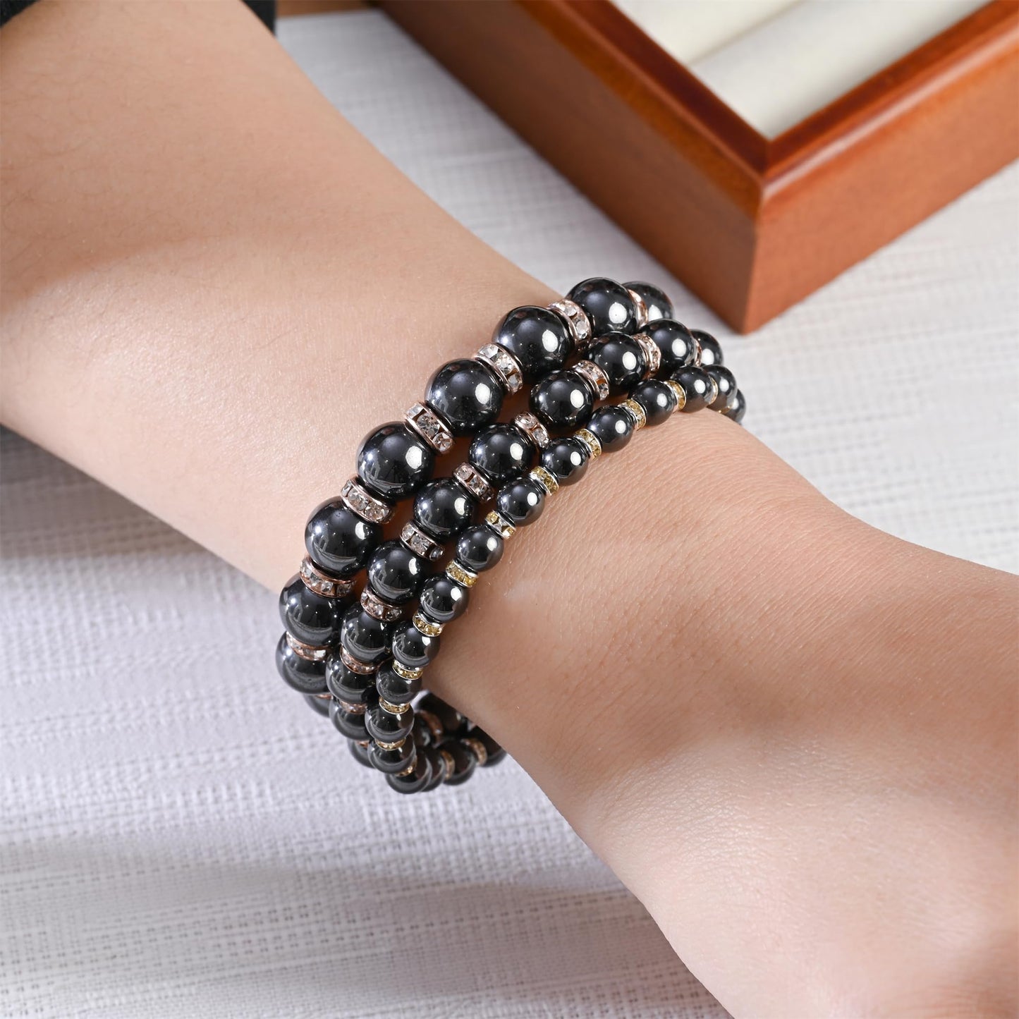 Apocalyptic-K Women's Magnetic Bracelet，Hematite Bracelets，Magnetic Bracelets With Zirconia,Handmade Stretch Bracelet，Eliminates static electricity. (Rose Gold Zirconia,8MM)
