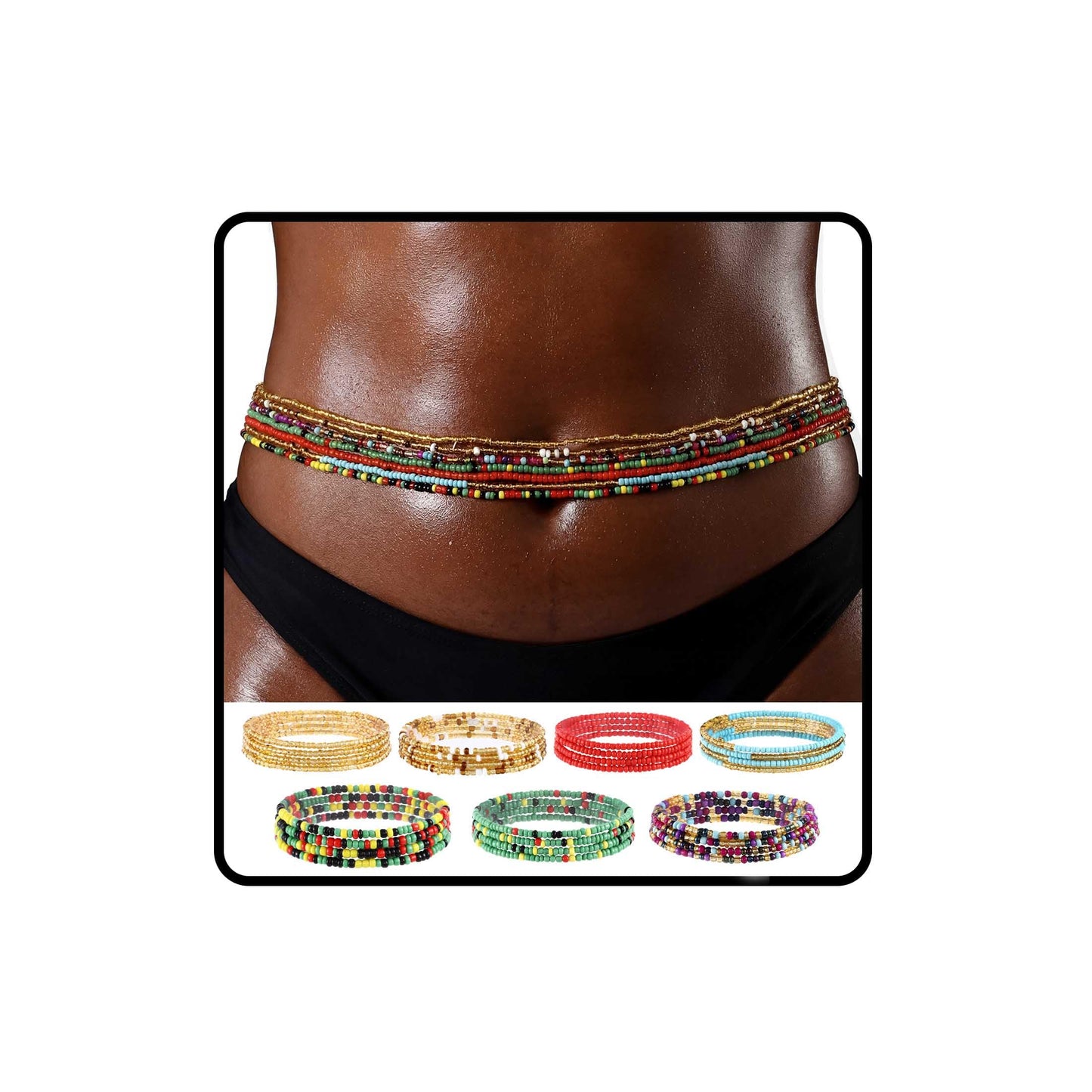 ELABEST Plus Size African Waist Beads Chain Layered Belly Body Chain Beach 7Pack Waist Jewelry Body Accessories for Women and Girls (27inch/70cm)