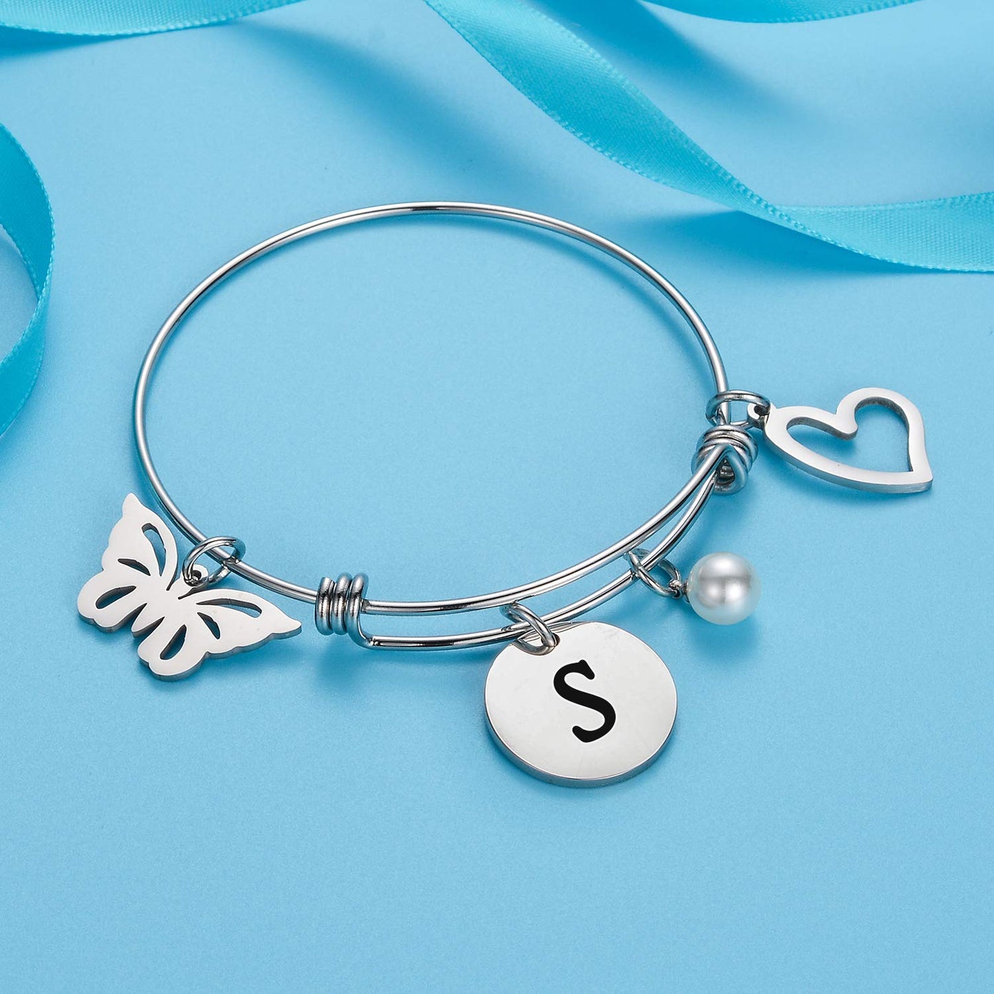 malyunin Initial Bracelet Charm Bracelets Heart Butterfly 26 Letters Alphabet Bracelet for Women Letter Bracelet Personalized Jewelry (S)