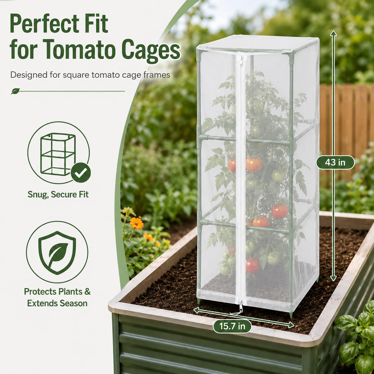 Halatool Garden Tomato Plant Cover Netting, Fits 40–50" Tall Square Tomato Cages, Garden Bird Netting with Zipper & Drawstring, Insect Barrier, Plant Covers from Insects Animals, 2 Pack, 43"×15.7"