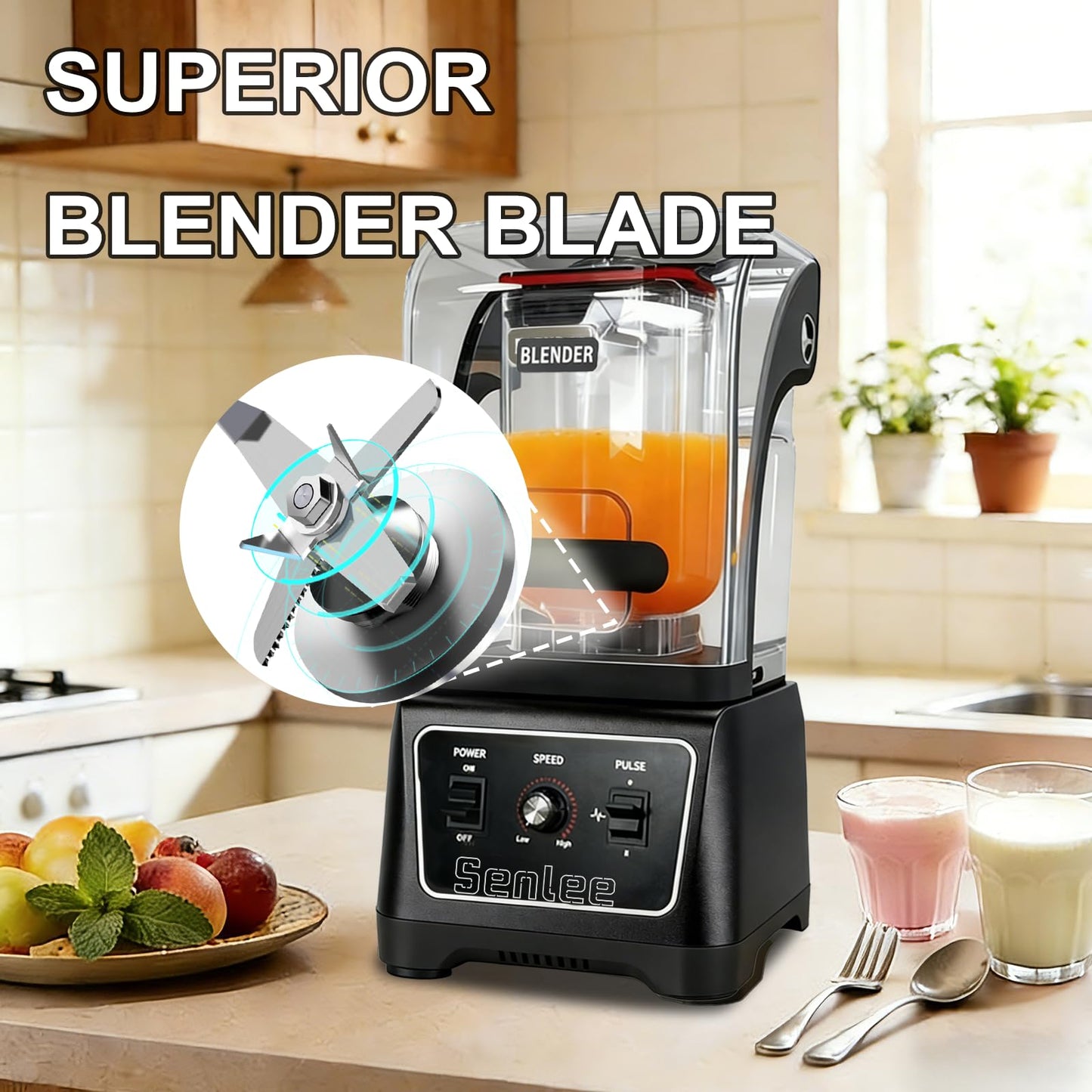 Commercial Blender Heavy Duty 2200W Professional-Grade with 64oz BPA-Free Jar, Quiet Shield, Self-Cleaning, 6-Leaf Stainless Steel Blade for Smoothies, Ice Crush, Shakes - Restaurant & Kitchen Use