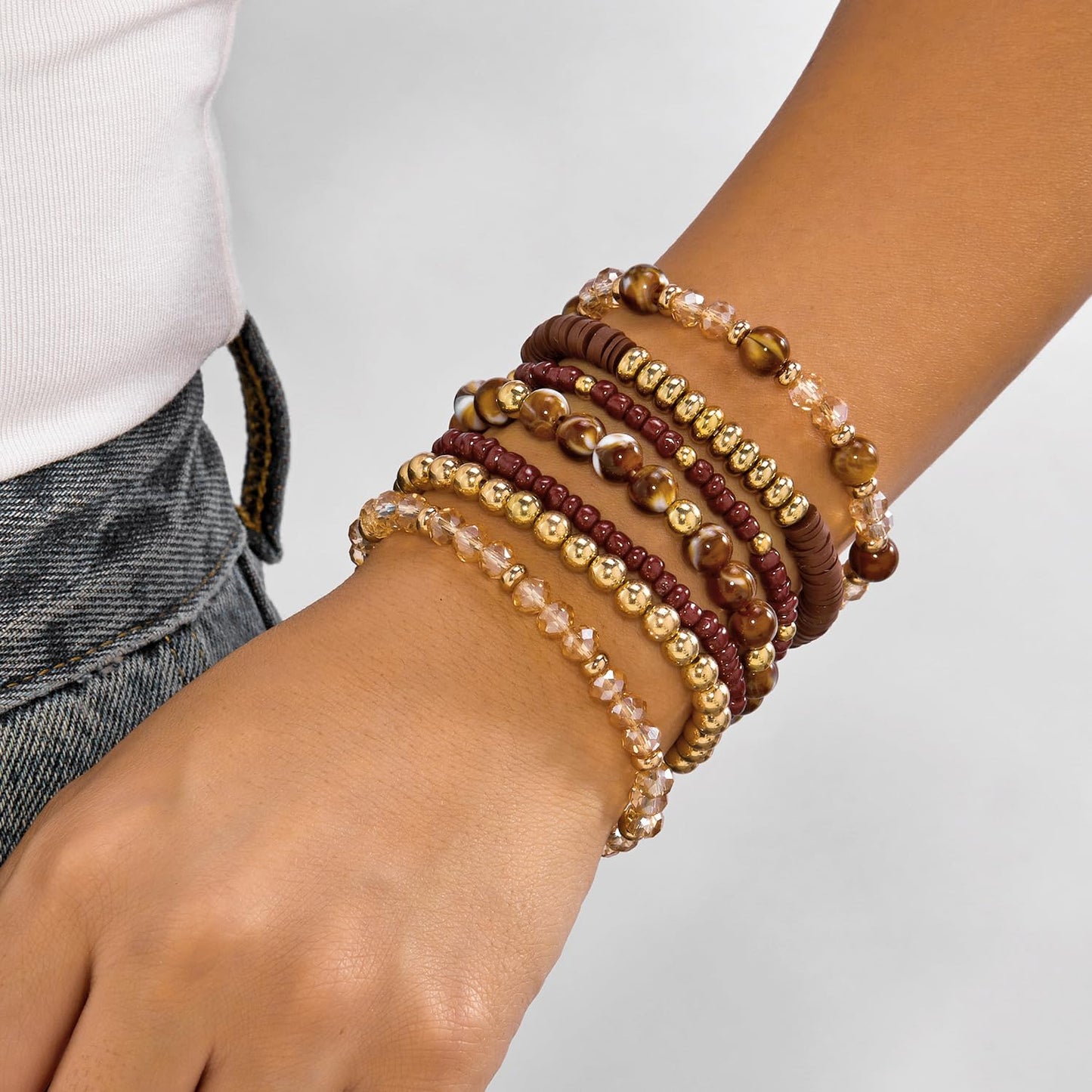 LOTSOF Boho Multilayer Beaded Bracelets Set for Women - Vintage Gold & Brown Stackable Stretch Bracelets, Bohemian Handmade Jewelry for Daily Style & Gifting (Brown)