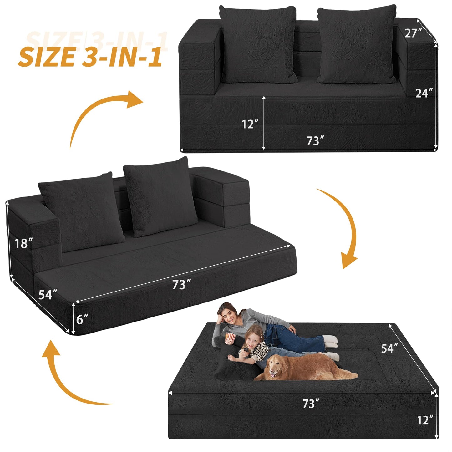 Cansunna Futon Sofa Bed with Pillow, 3-in-1 Sleeper Sofa Bed with Removable Cover, Convertible Floor Sofa Bed, No Assembly Boneless Couch for Living Room, Bedroom