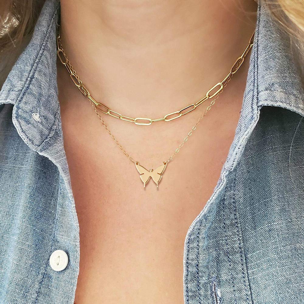 Turandoss Layered Butterfly Necklace for Women, 14K Layered Butterfly Necklace for Women Layering Butterfly Link Chain Necklaces