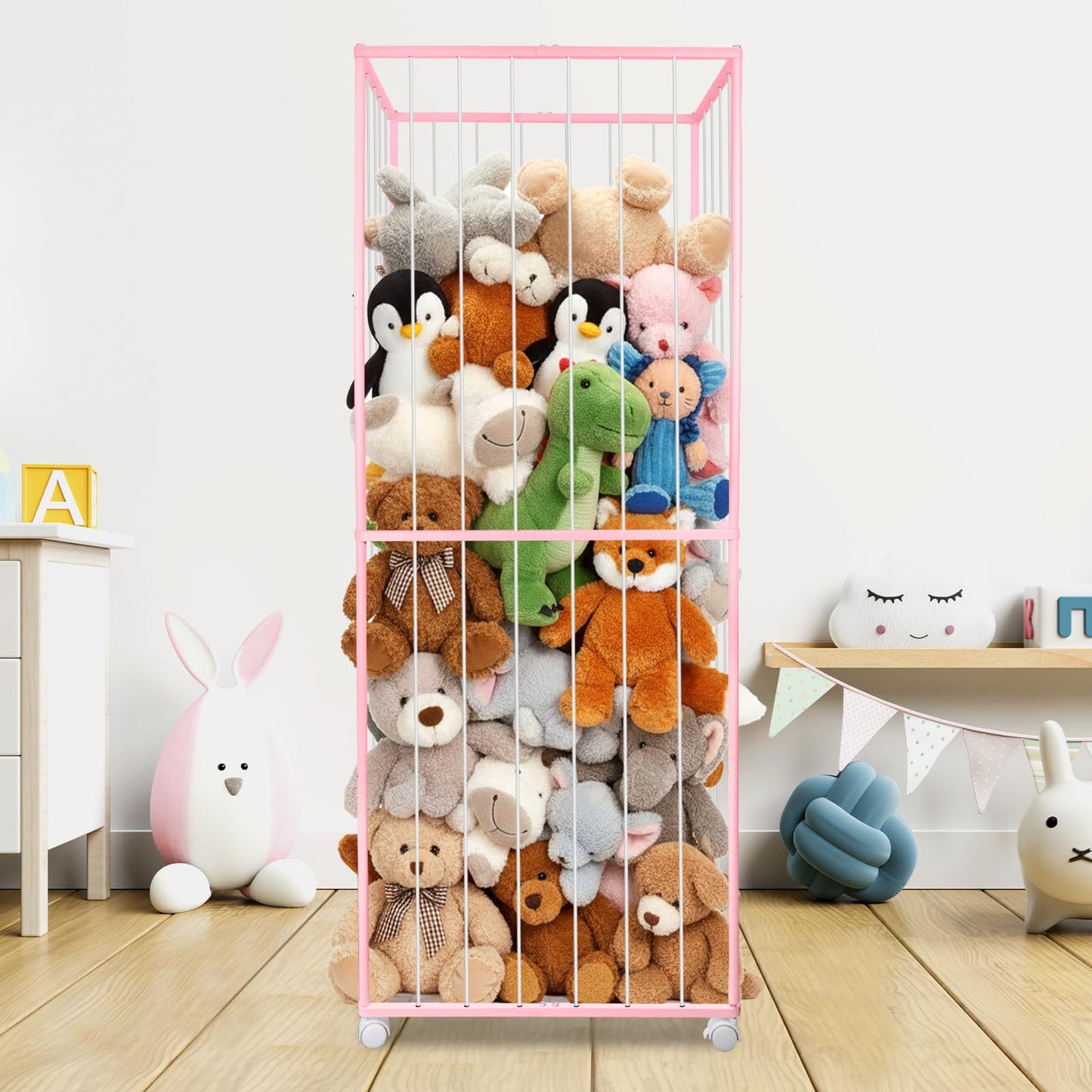 BETBEM Stuffed Animal Storage, Metal Tube Extra Large Toy Storage Organizer with Brake Wheels, Stuffed Animal Holder Zoo Organizer for Nursery Playroom Kids Room Pink(61” x 23.6”x 16.5”)