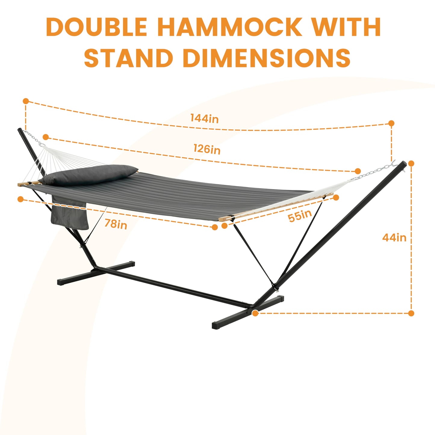 Lazy Daze Hammocks 2 Person Portable Hammock with 12FT Stand for Outside, 10.5FT Quilted Double Hammock with Spreader Bar and Detachable Pillow, 450lbs Capacity for Outdoor Patio, Grey