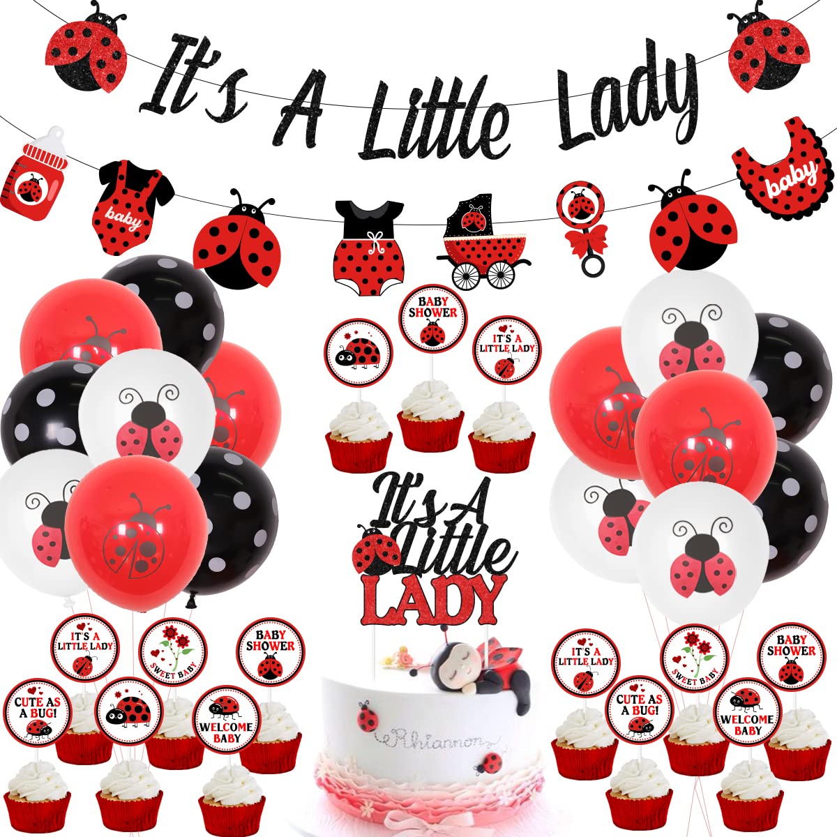 Cheereveal Ladybug Baby Shower Decorations It’s A Little Lady Banner Cake Topper Balloons for Ladybird Birthday Party Supplies