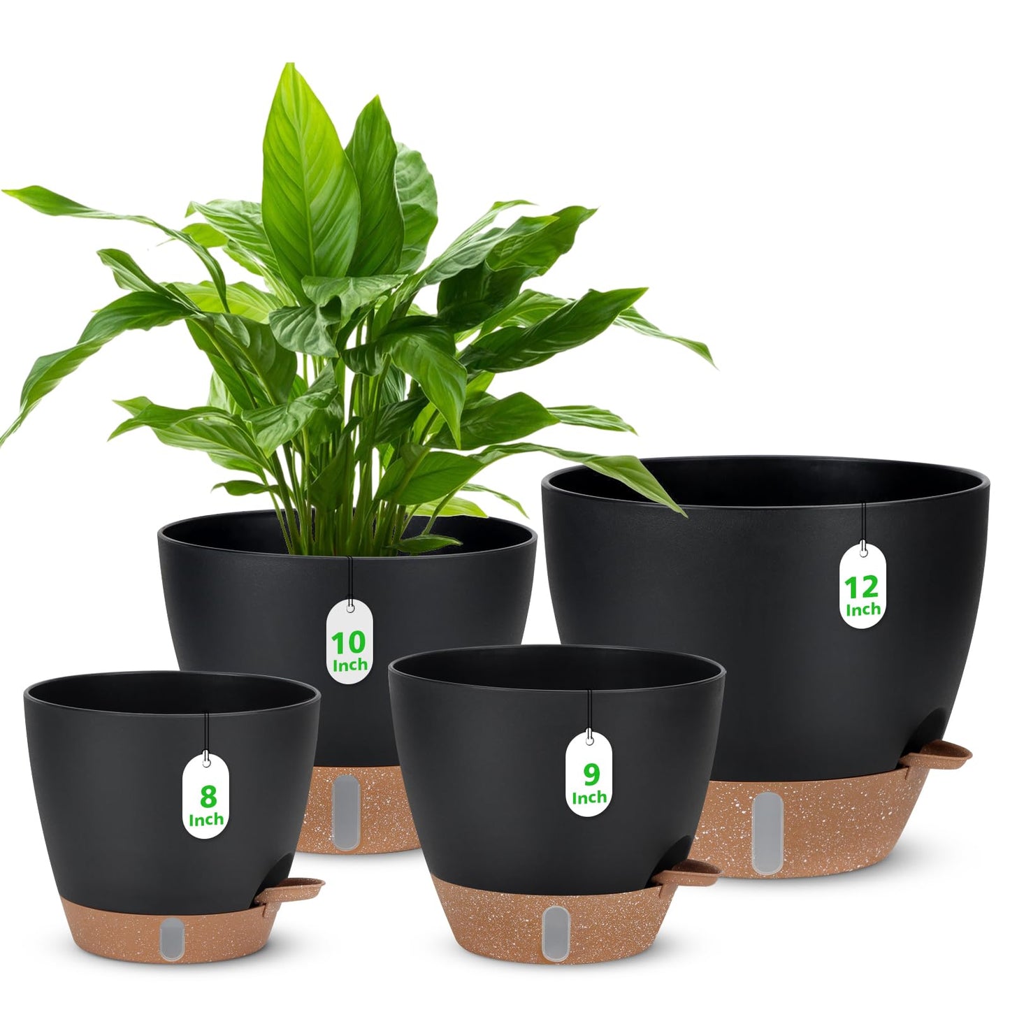 12" 10" 9" 8" Self Watering Pots with Water Level Indicator, Large Plastic Planters Set with Mesh Drainage Hole and Removable Saucer Reservoir, Big Flower Pot for Indoor Outdoor Plants (Black)