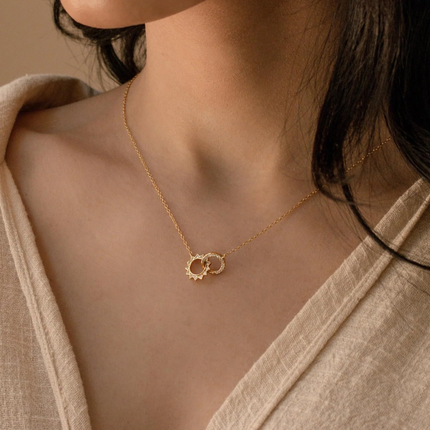 NUZON Moon and Sun Pendant Necklace for Women 18K Gold Plated Interlocking Circles Necklace Cubic Zirconia Celestial Hollow Crescent Moon Chain Choker Dainty Jewelry 16’’