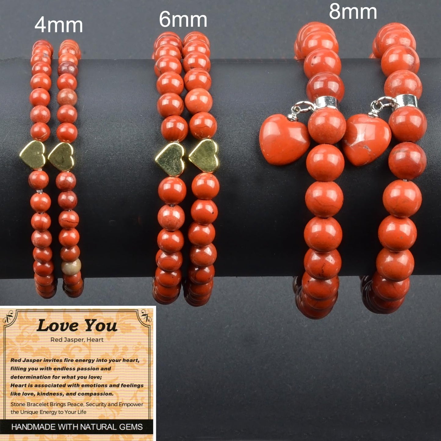 MASSIVE BEADS Red Jasper and Heart - Love You Handmade Handmade Yoga Stretch Elastic Bracelet Natural Stone Crystal Healing Power Energy Gifts for Unisex Adult 4mm