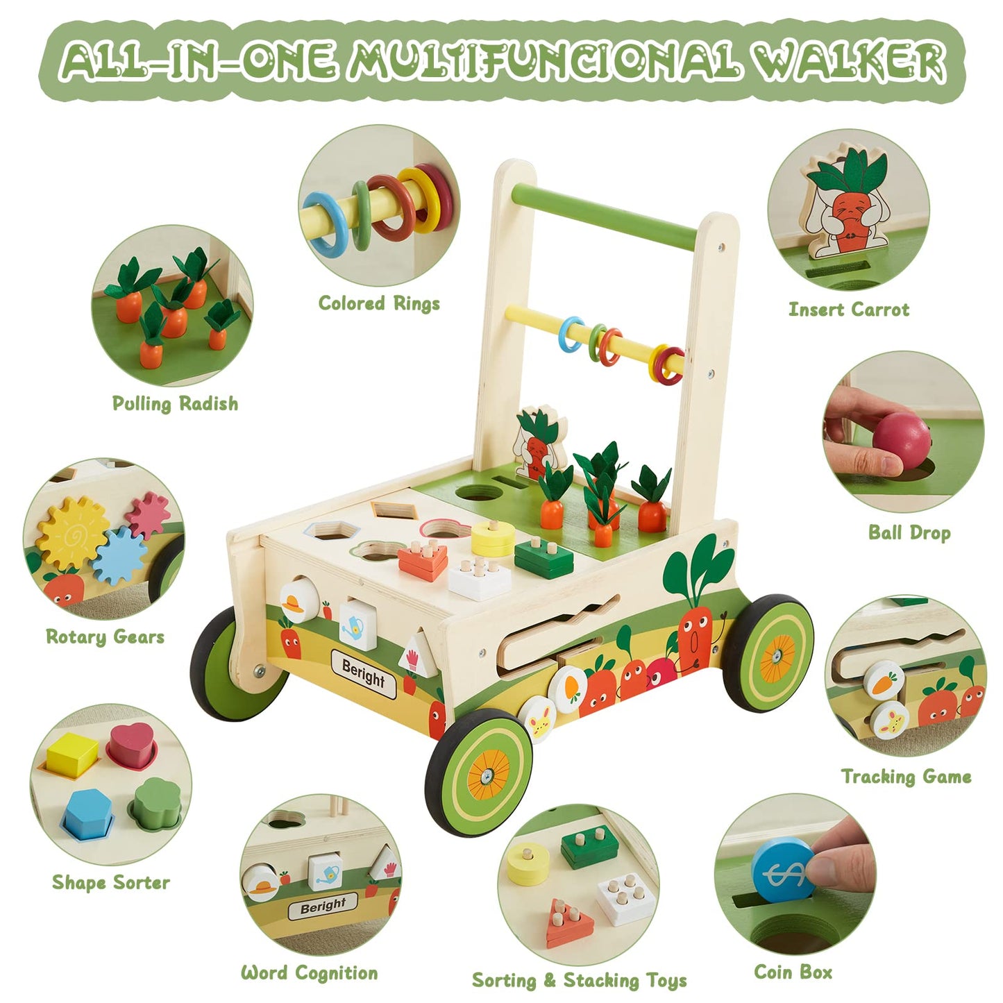 Beright 12-in-1 Wooden Baby Walker, Toddler Activity Center Toys, Wooden Baby Push and Pull Toys, Baby Push Walker, Multiple Play, Develops Motor Skills & Stimulates Creativity, Upgraded