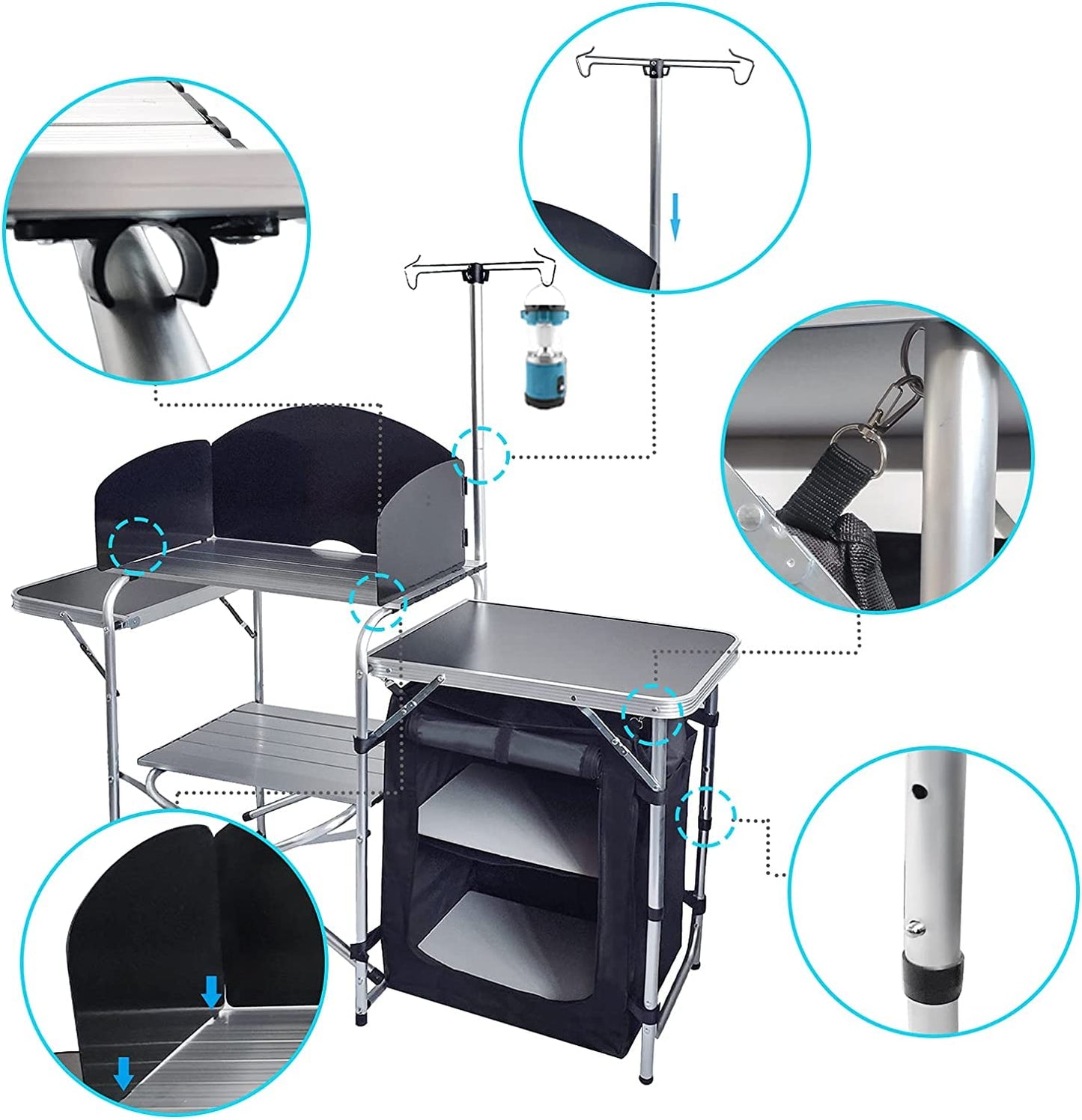 CAMP SOLUTIONS Folding Cooking Table Outdoor Portable Cook Station Aluminum Camping Kitchen with Storage Organizer, Windscreen, Hooks for BBQ, Party (Black)