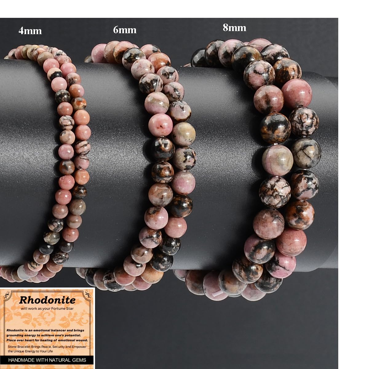 MASSIVE BEADS Pink Black Rhodonite - Stone of Fortune - Handmade Yoga Stretch Elastic Bracelet Natural Stone Crystal Healing Power Energy Gifts for Unisex Adult 6mm