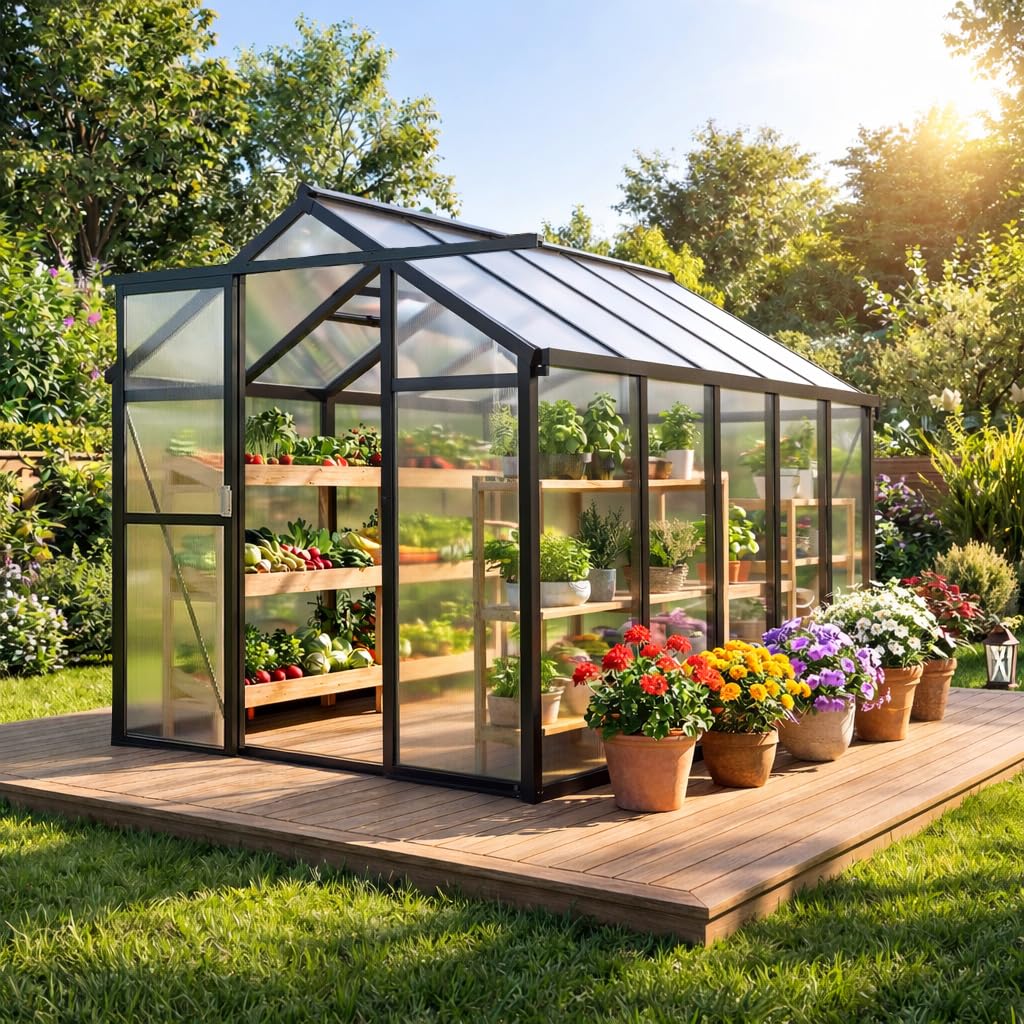 6X10FT Greenhouse, Aluminum Polycarbonate Green House, Green Houses for Outside with Sliding Doors, Outdoor Greenhouse with Ajustable Roof Vent, Withstands Bad Weather for Garden, or Backyard, Black