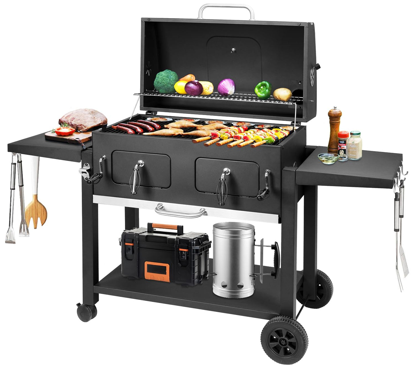Kenadne Charcoal Grill Outdoor BBQ Grill, Extra Large Cooking Area 794 Square Inches with Two Adjustable & Individual Charcoal Tray, Foldable Side Tables for Outdoor Cooking grill Backyard
