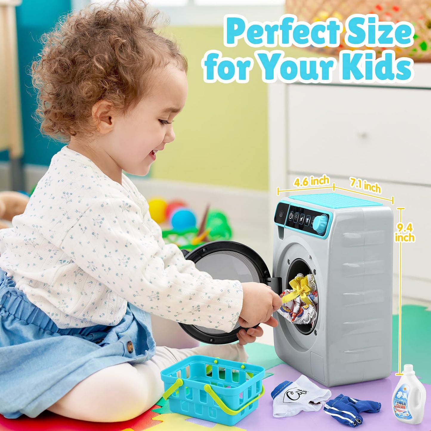 Kids Toy Washing Machine, Realistic Pretend Play Appliance for Girls, Interactive Toy Dollhouse Furniture, Play Washer and Dryer Playset with Spinning Drum, Light & Sound Effects, Laundry Basket Set